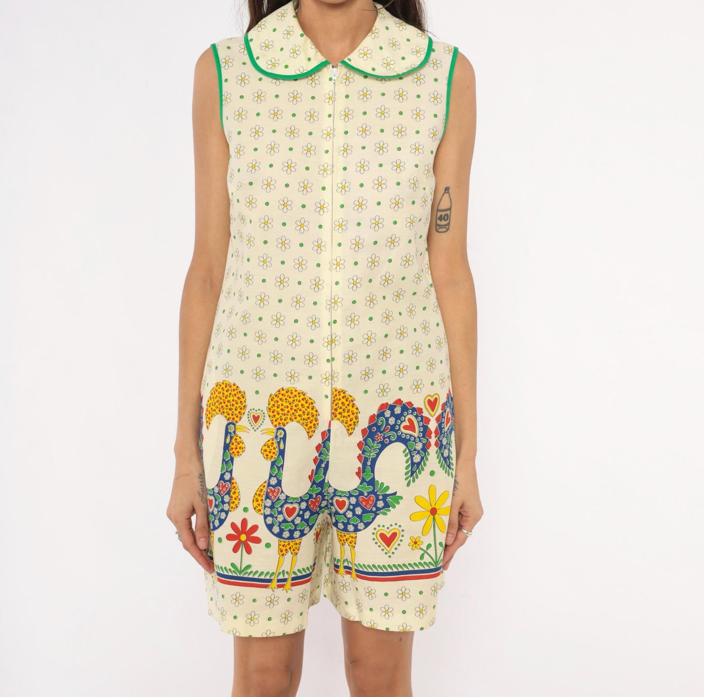 70s Gaymode Penneys Rooster Romper Daisy Print Peter Pan Collar Yellow Small