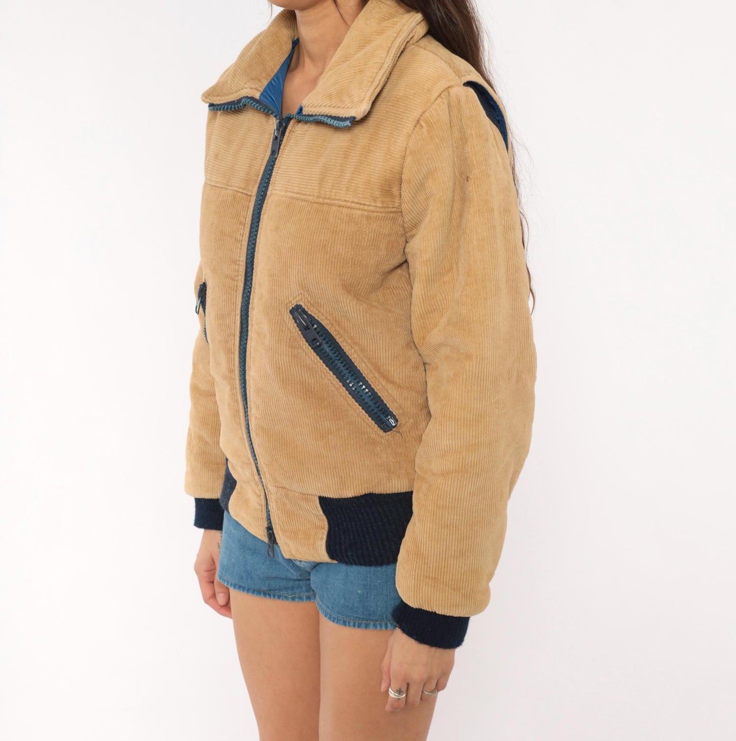 70s Sports B Corduroy Bomber Jacket Tan Quilted Padded Small S