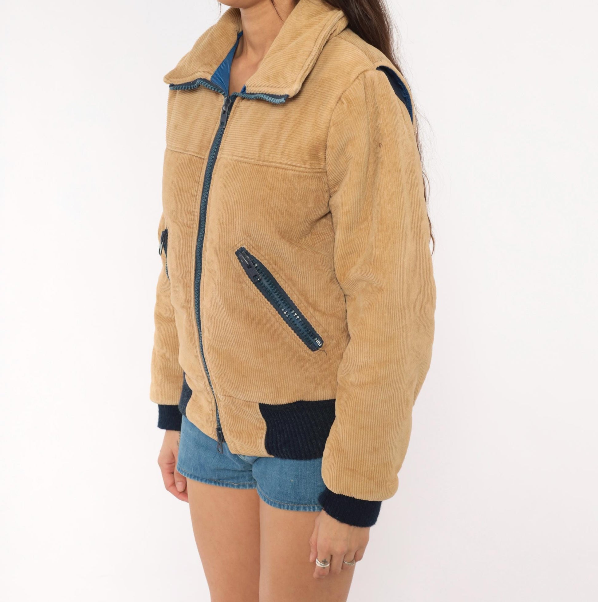 70s Sports B Corduroy Bomber Jacket Tan Quilted Padded Small S