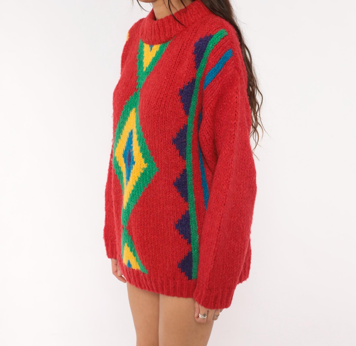 90s Willow Bay Southwestern Diamond Knit Pullover Red Green Blue Medium