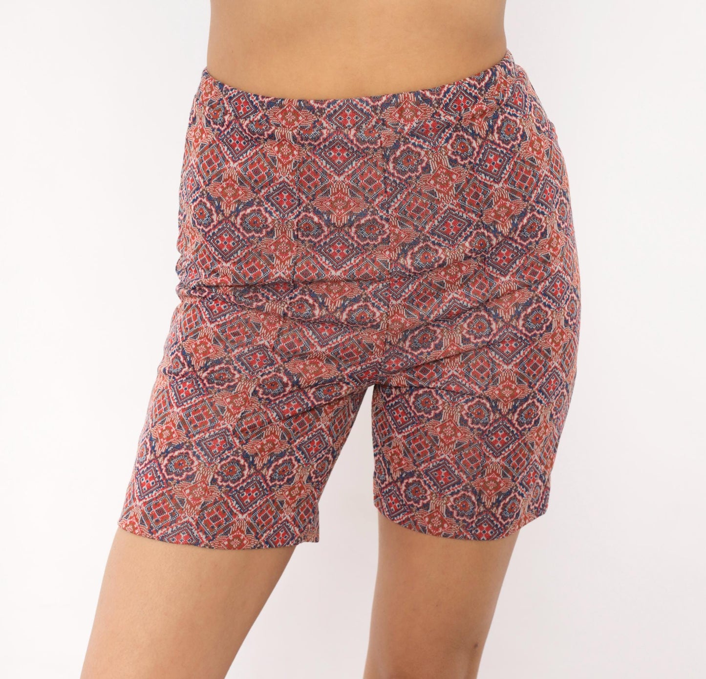 70s Geometric Diamond Medallion Tapestry Biker Shorts Red Navy High-Rise XS