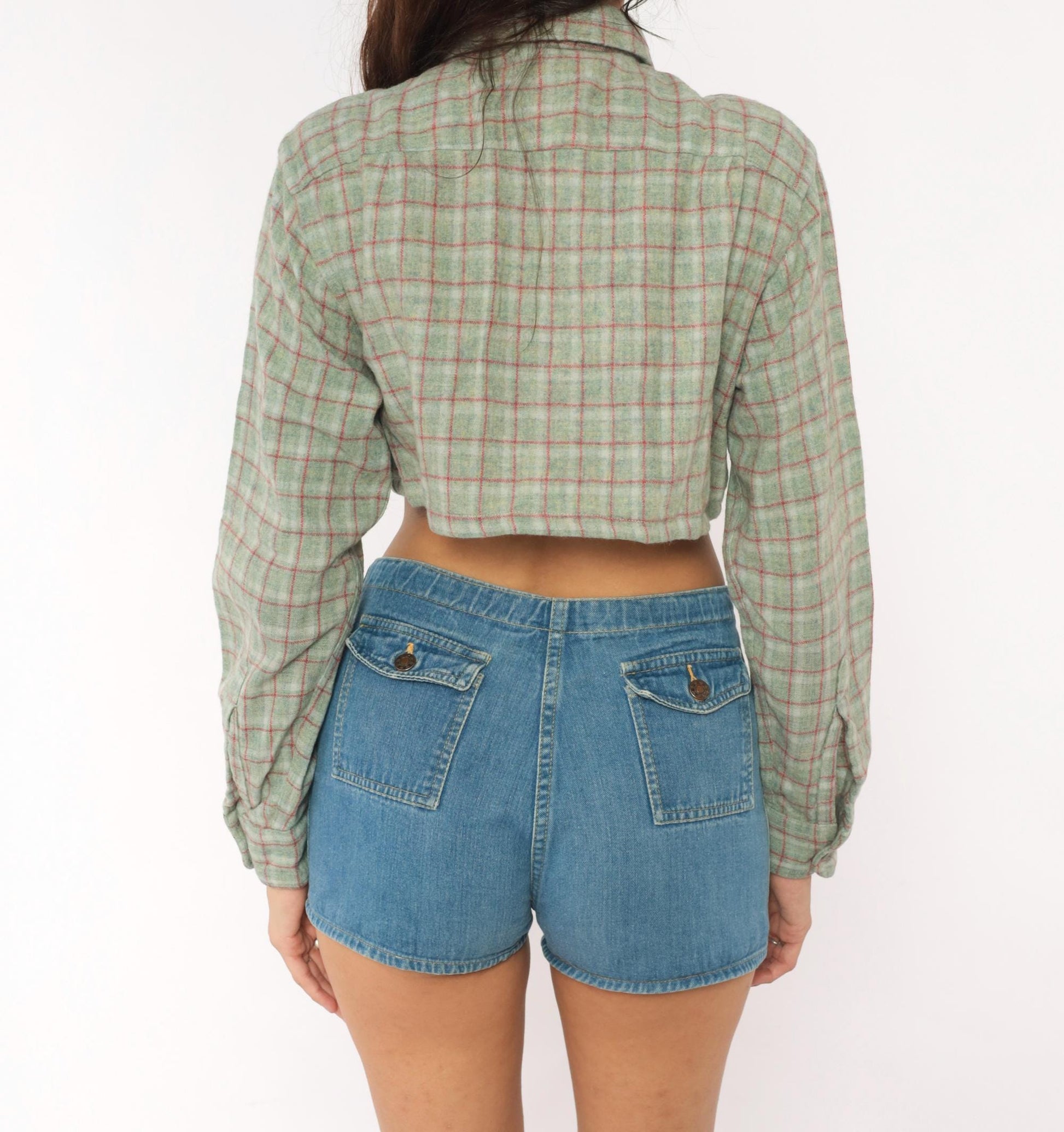 60s Towncraft Cropped Plaid Wool Shirt Sage Green Red Windowpane Medium