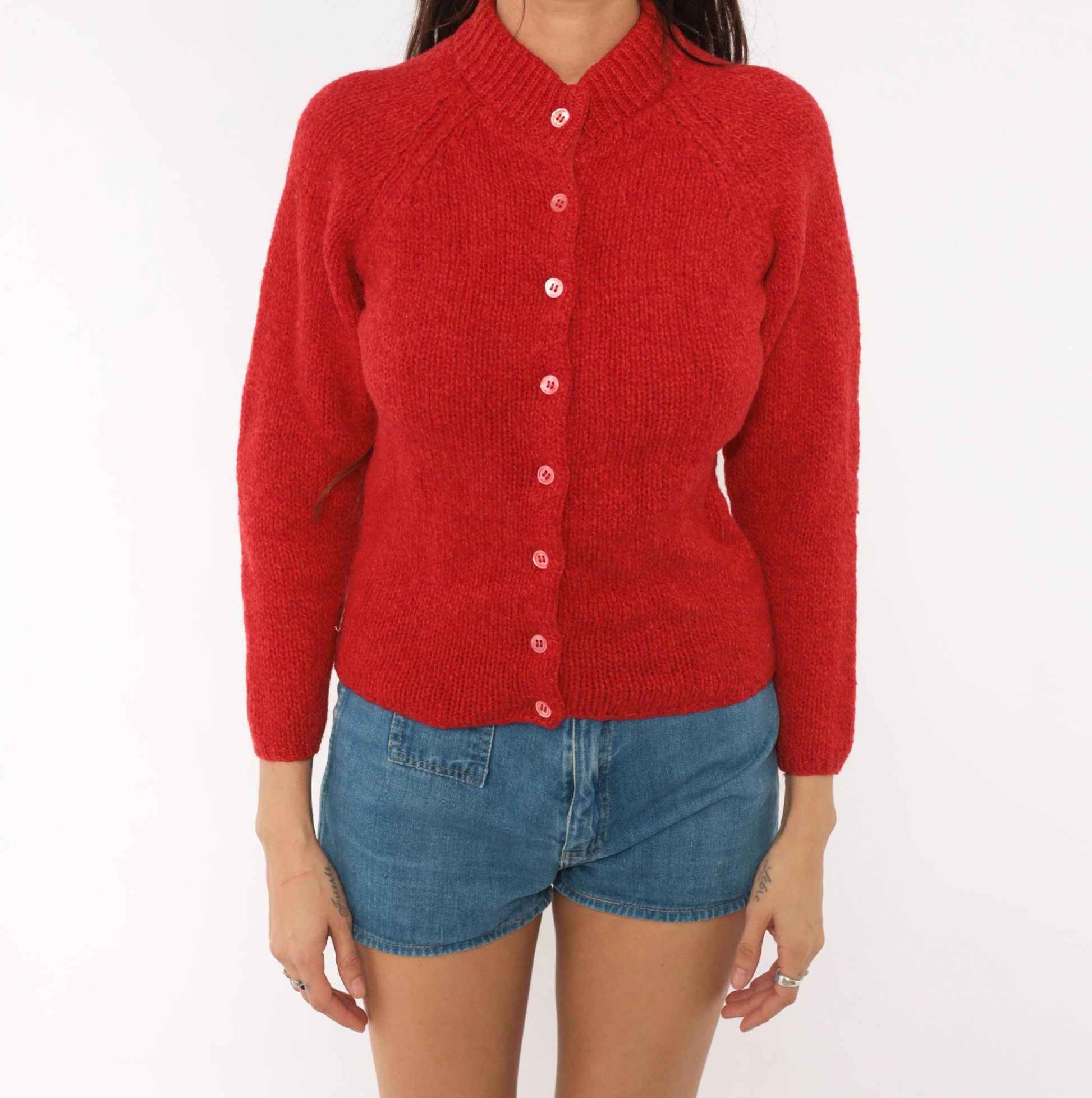 70s Bernhard Altmann Red Shetland Wool Cardigan Mock Neck Extra Small XS
