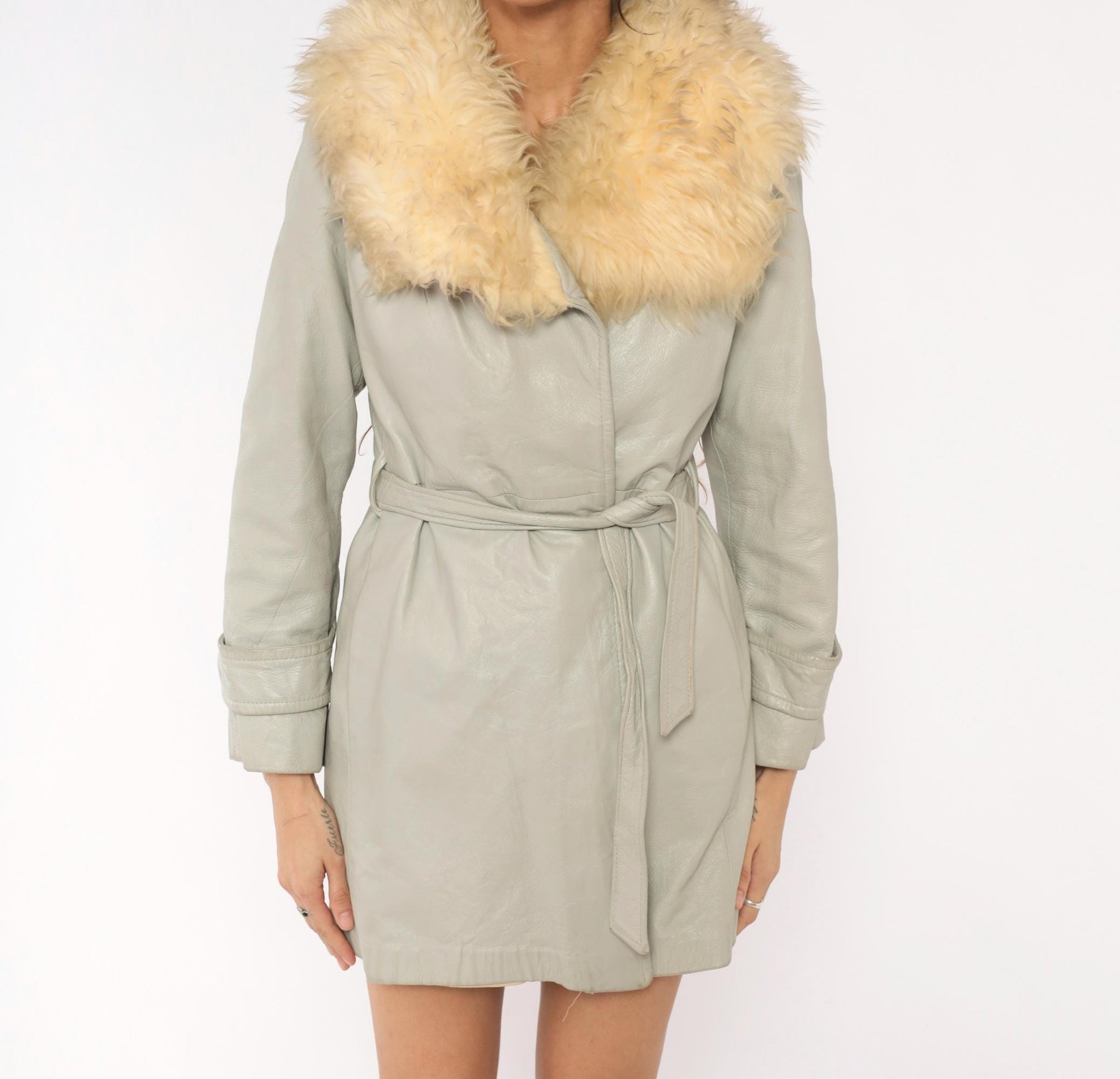 70s Grey Leather Coat Cream Fur Collar Belted Mini Jacket Small S