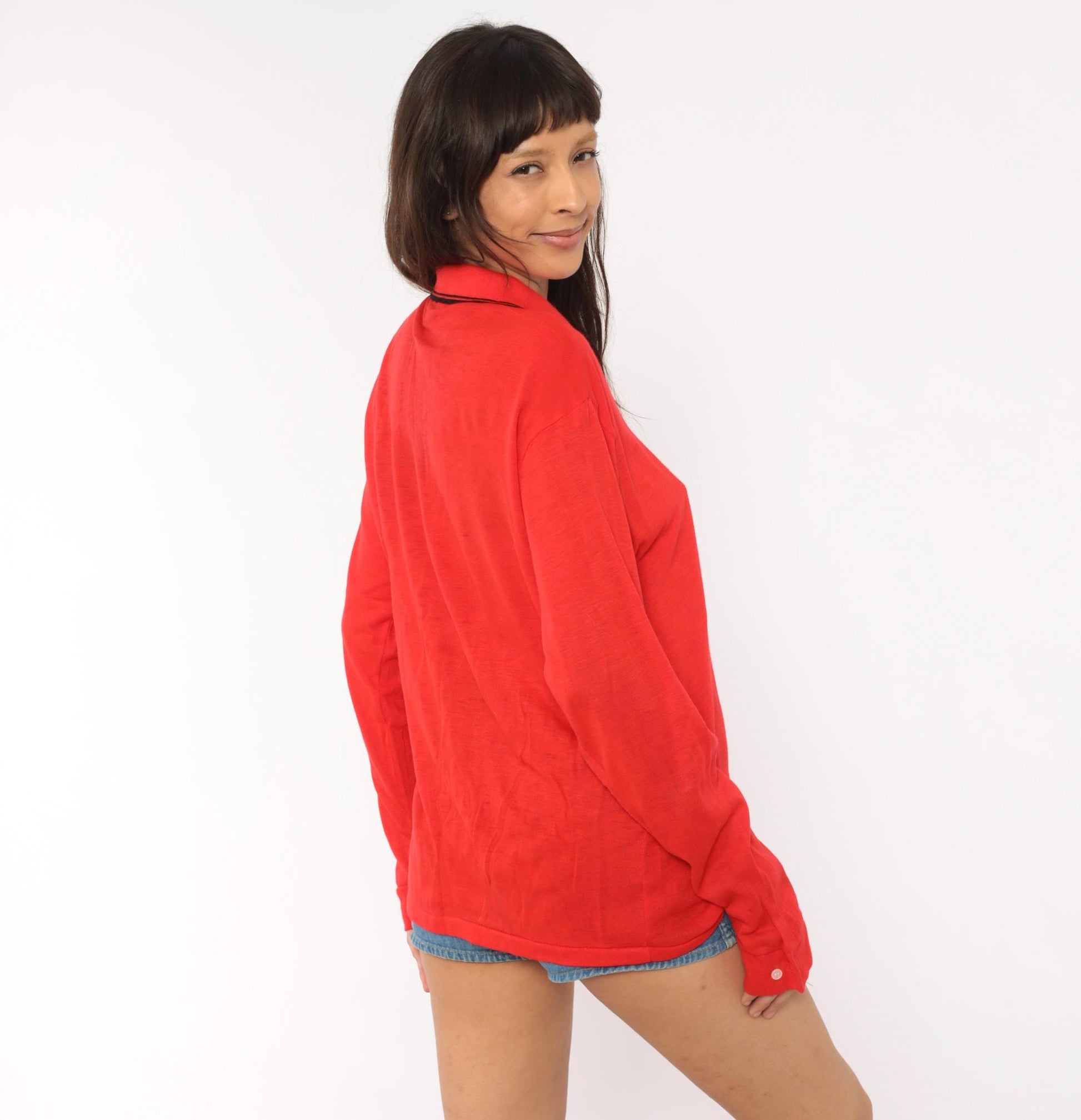 70s Red Polo Shirt Long Sleeve Black Tipped Collar Snap Button Knit Large L