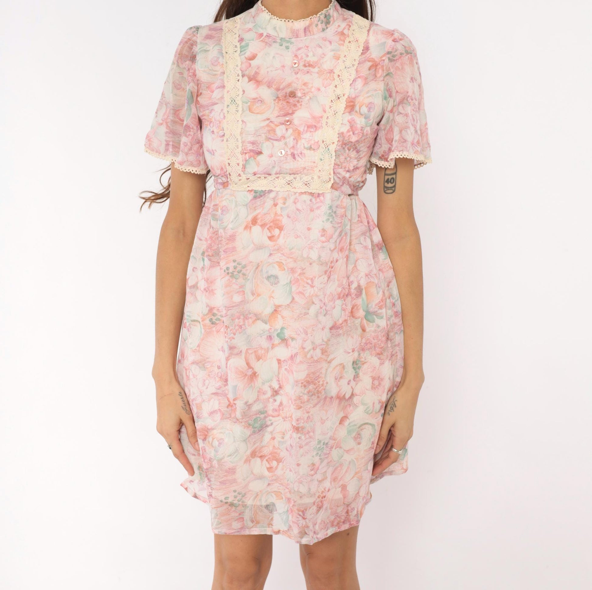 70s R.A.R. Pink Floral Mini Dress Puff Sleeve Crochet Bib Extra Small XS