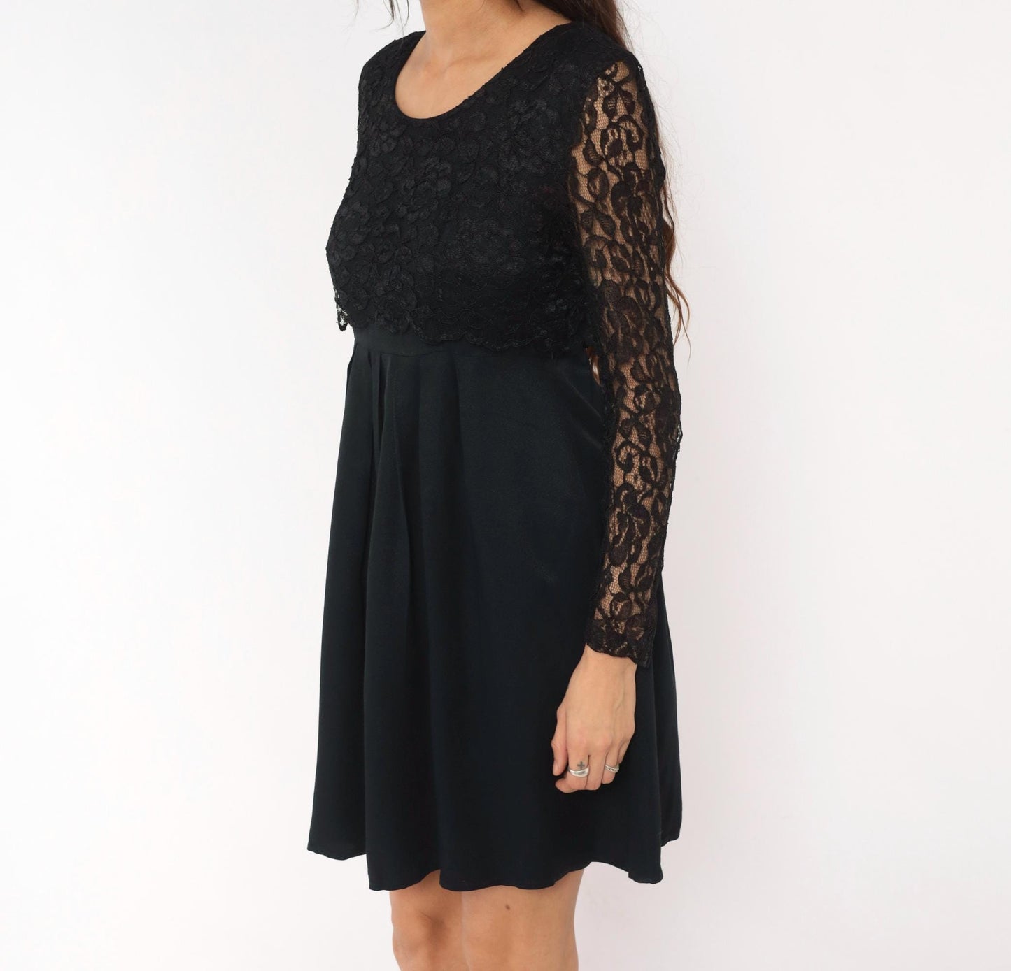 90s Black Lace Dress Floral Sheer Sleeves Pleated Knee-Length Small