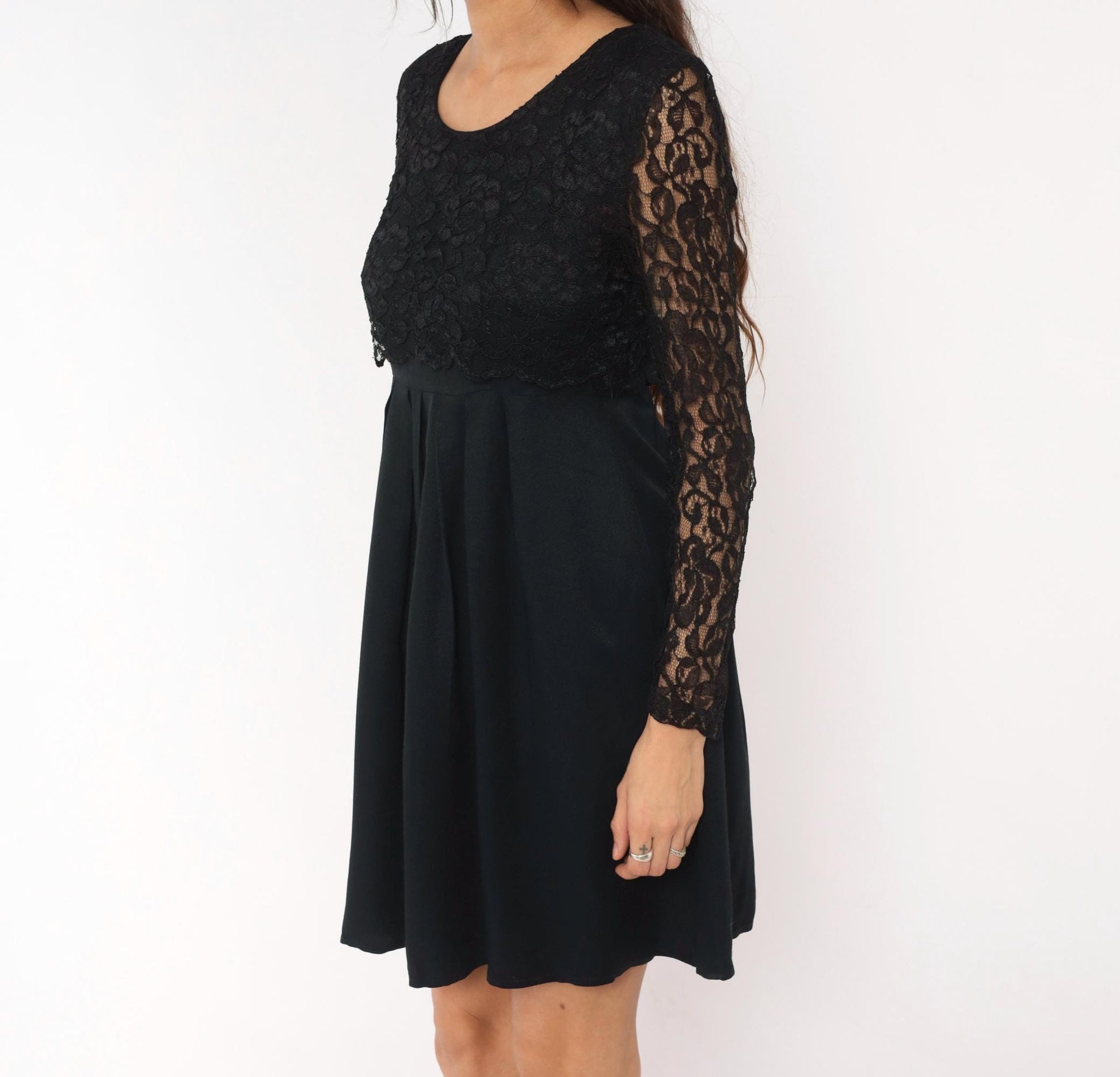 90s Black Lace Dress Floral Sheer Sleeves Pleated Knee-Length Small