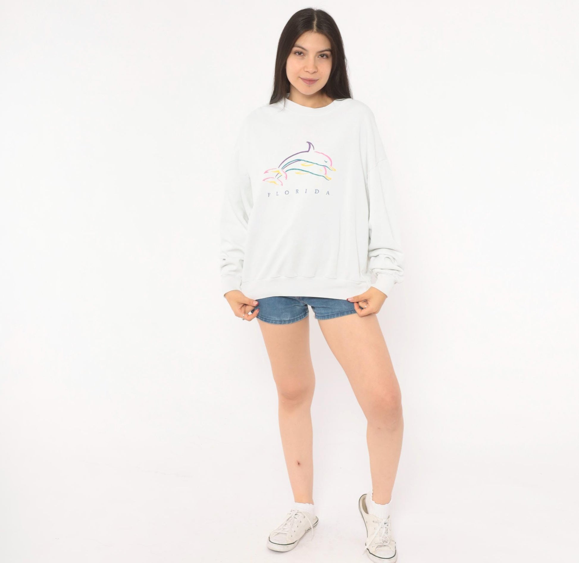 90s Florida Dolphin Graphic Sweatshirt White Crewneck Cotton Pullover Large L