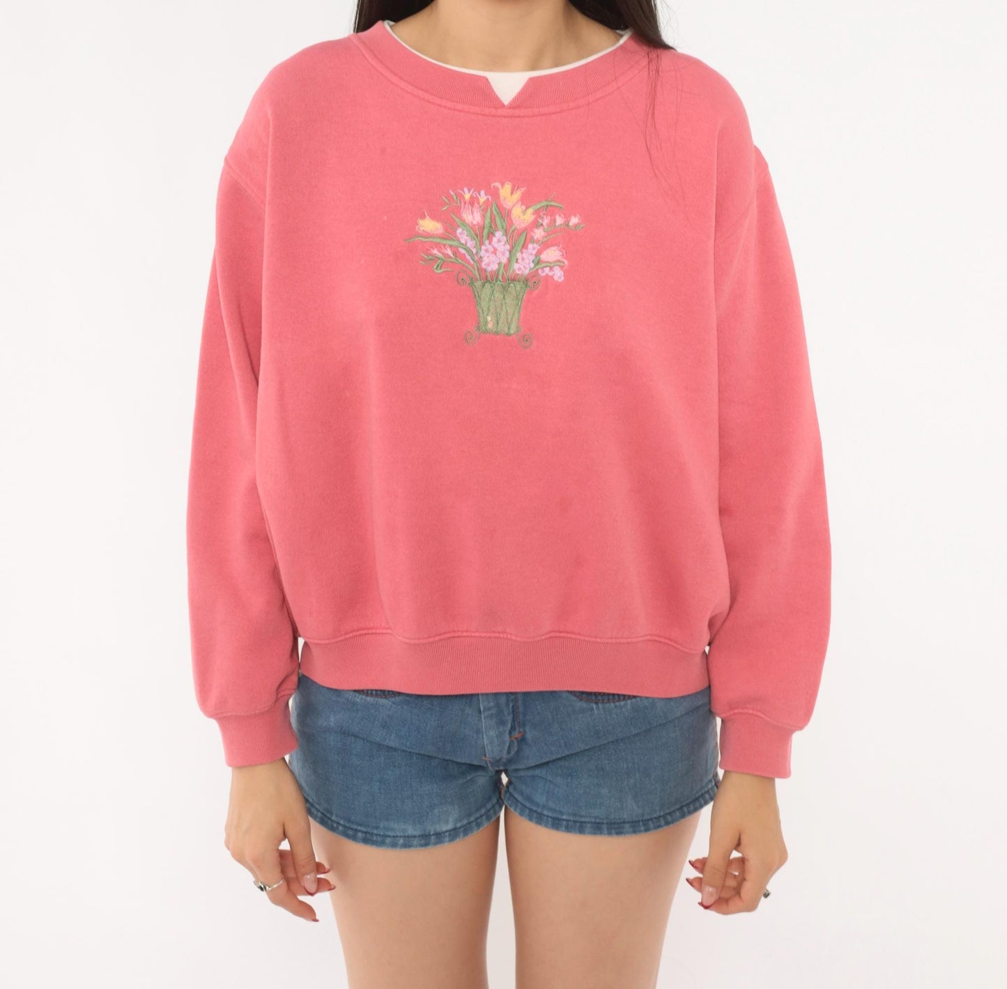 90s Floral Embroidered Sweatshirt Rose Pink Tulip Basket Cotton Medium