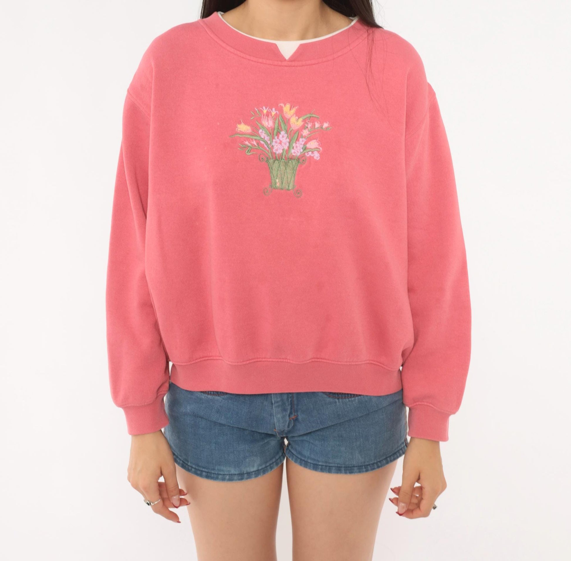 90s Floral Embroidered Sweatshirt Rose Pink Tulip Basket Cotton Medium