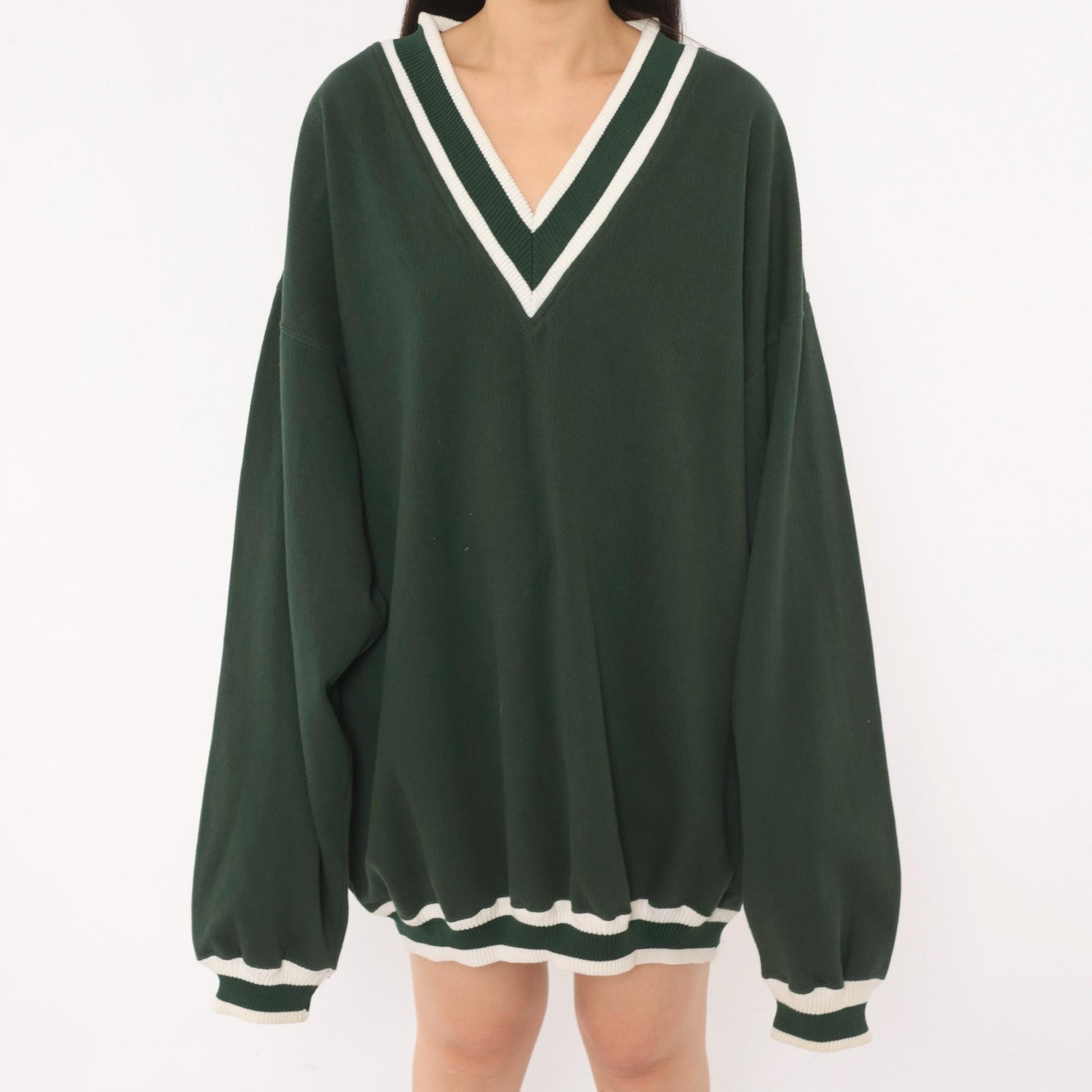 90s Pluma Forest Green V-Neck Sweater Striped Collegiate Tennis Extra Large XL