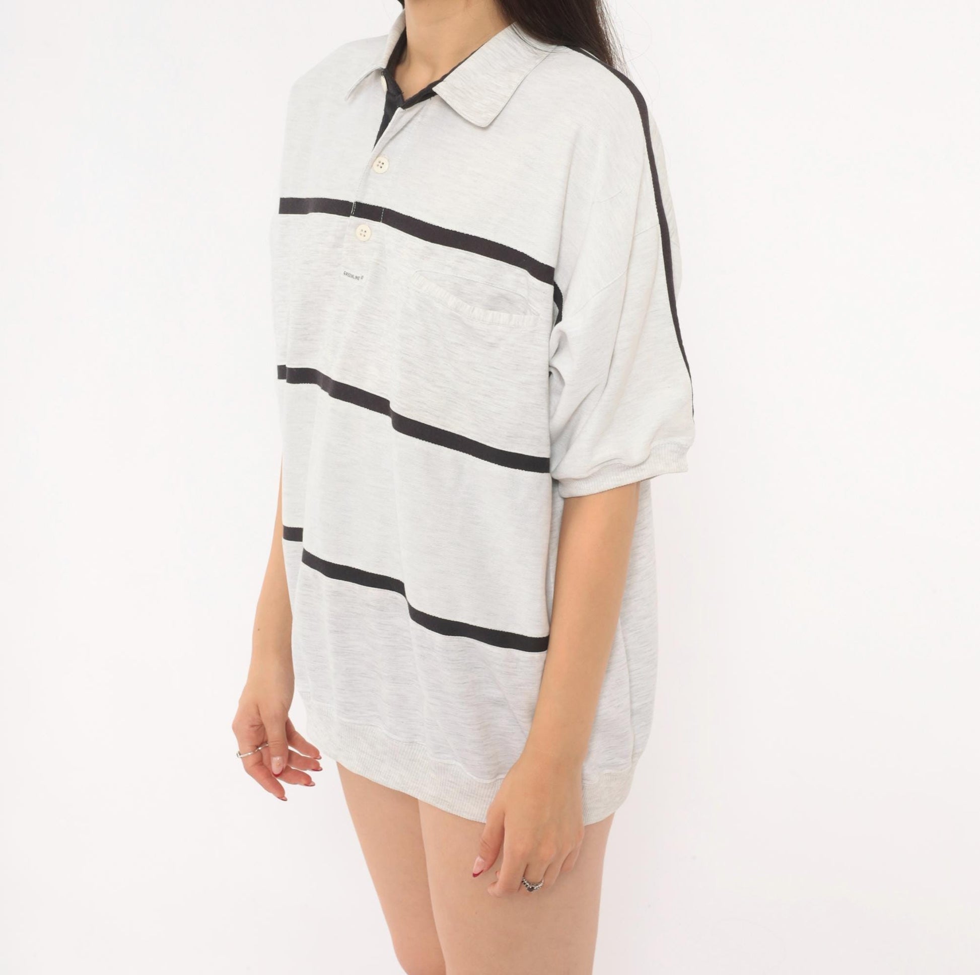 90s Greenline Striped Polo Shirt Grey Black Horizontal Stripes Large L