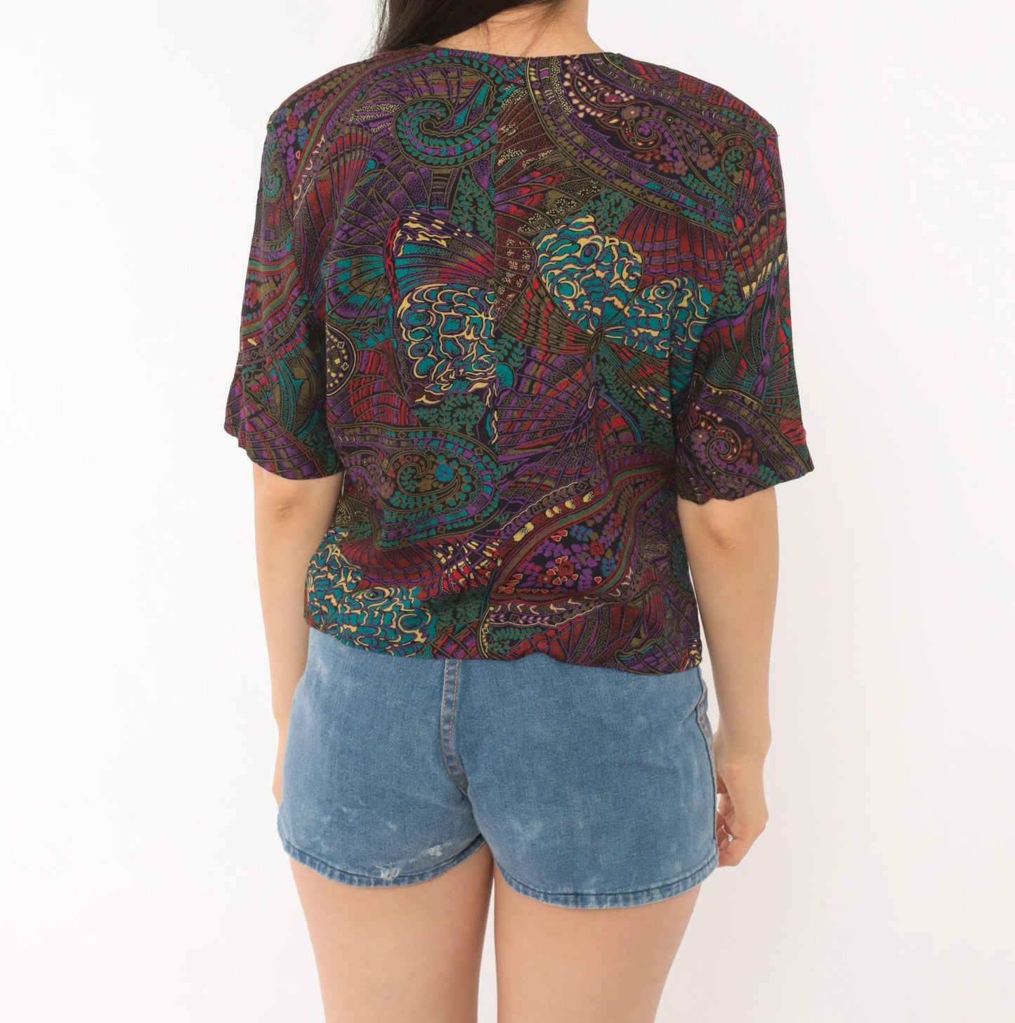 80s Norton Mcnaughton Paisley Button Blouse Teal Purple Gold Small S