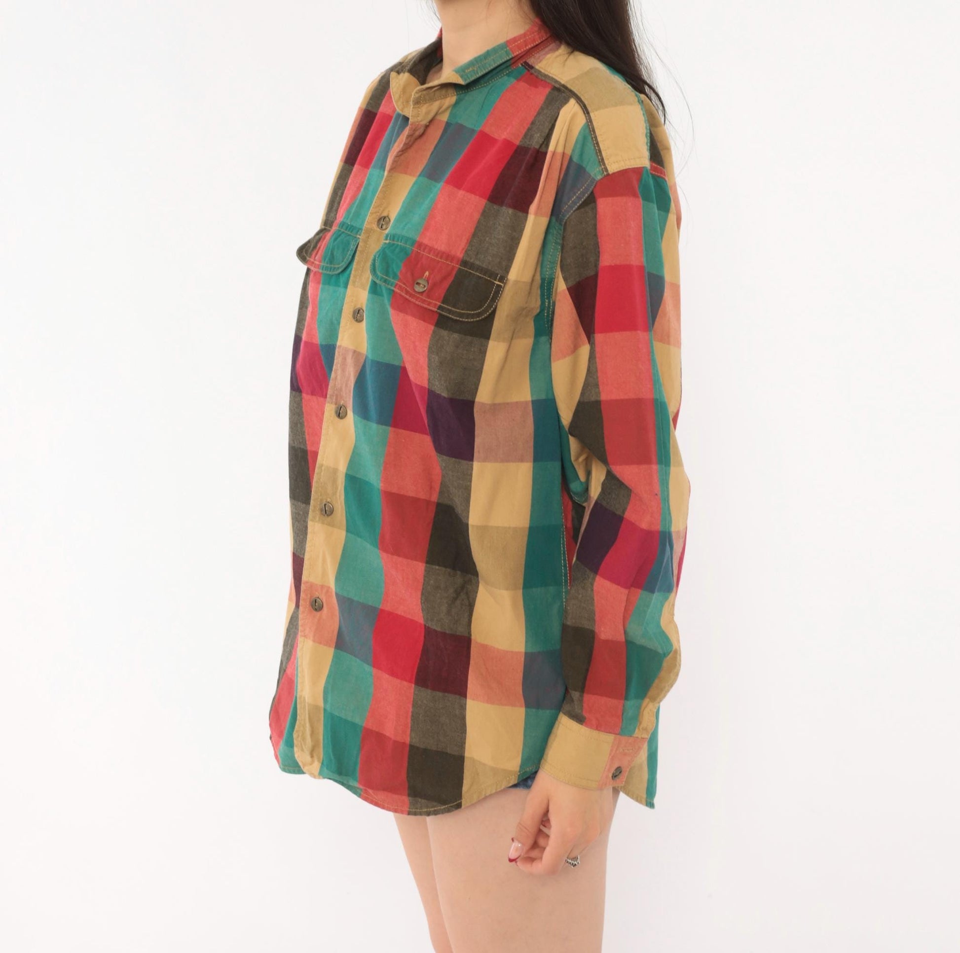 90s Lizwear Plaid Flannel Shirt Button Front Red Teal Cotton Medium