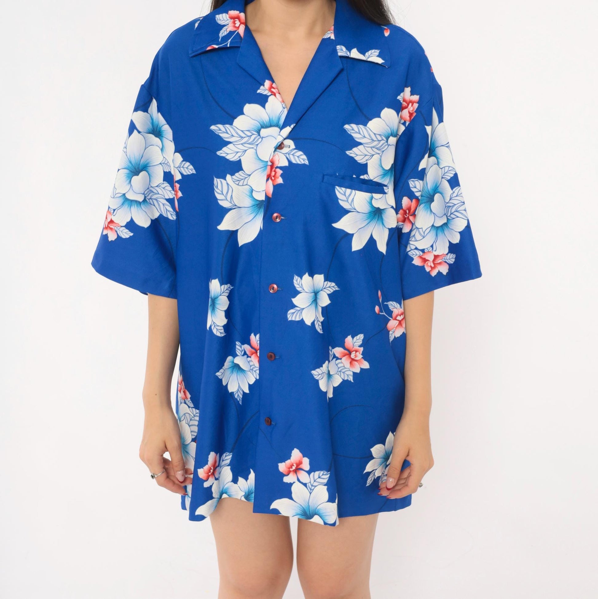 70s Hilo Hatties Hawaiian Shirt Blue Orchid Floral Camp Collar Medium