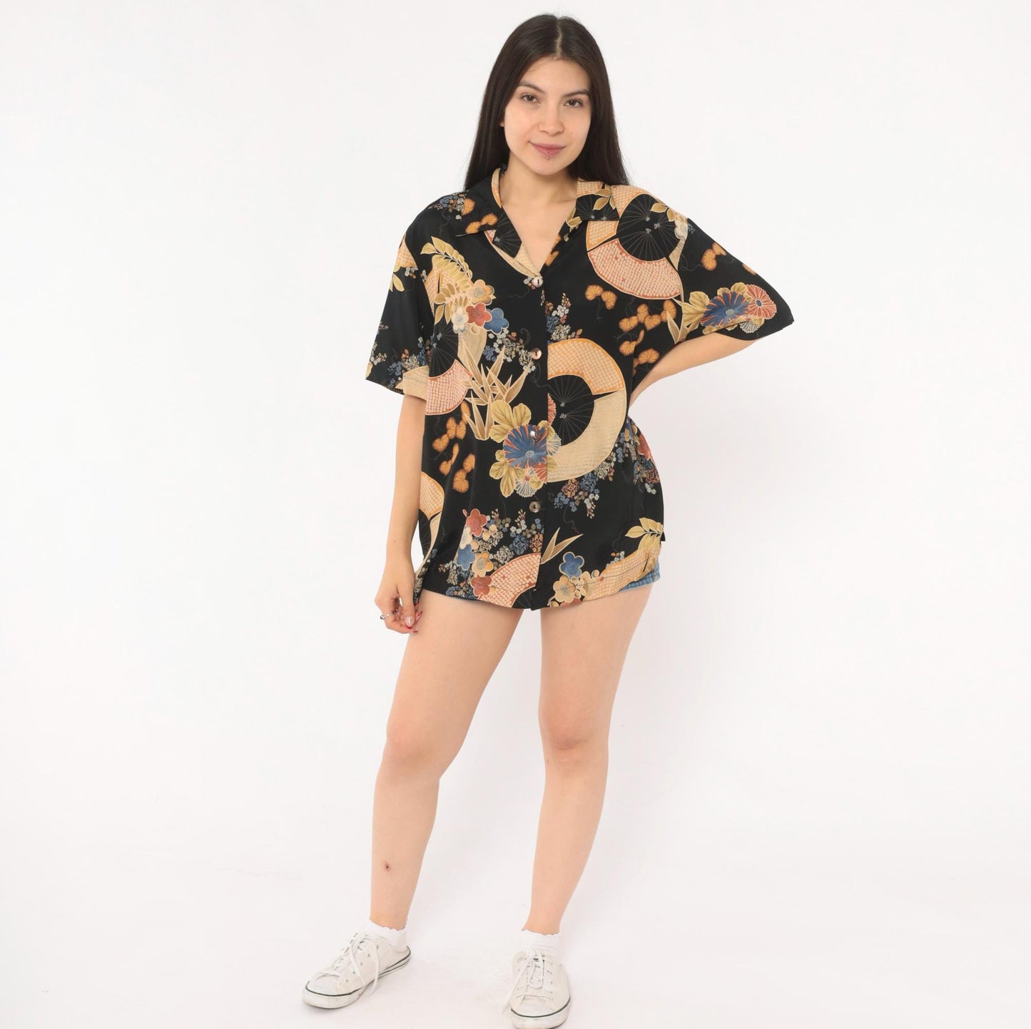 90s Clio Japanese Fan Floral Camp Collar Blouse Black Gold Rayon Large L