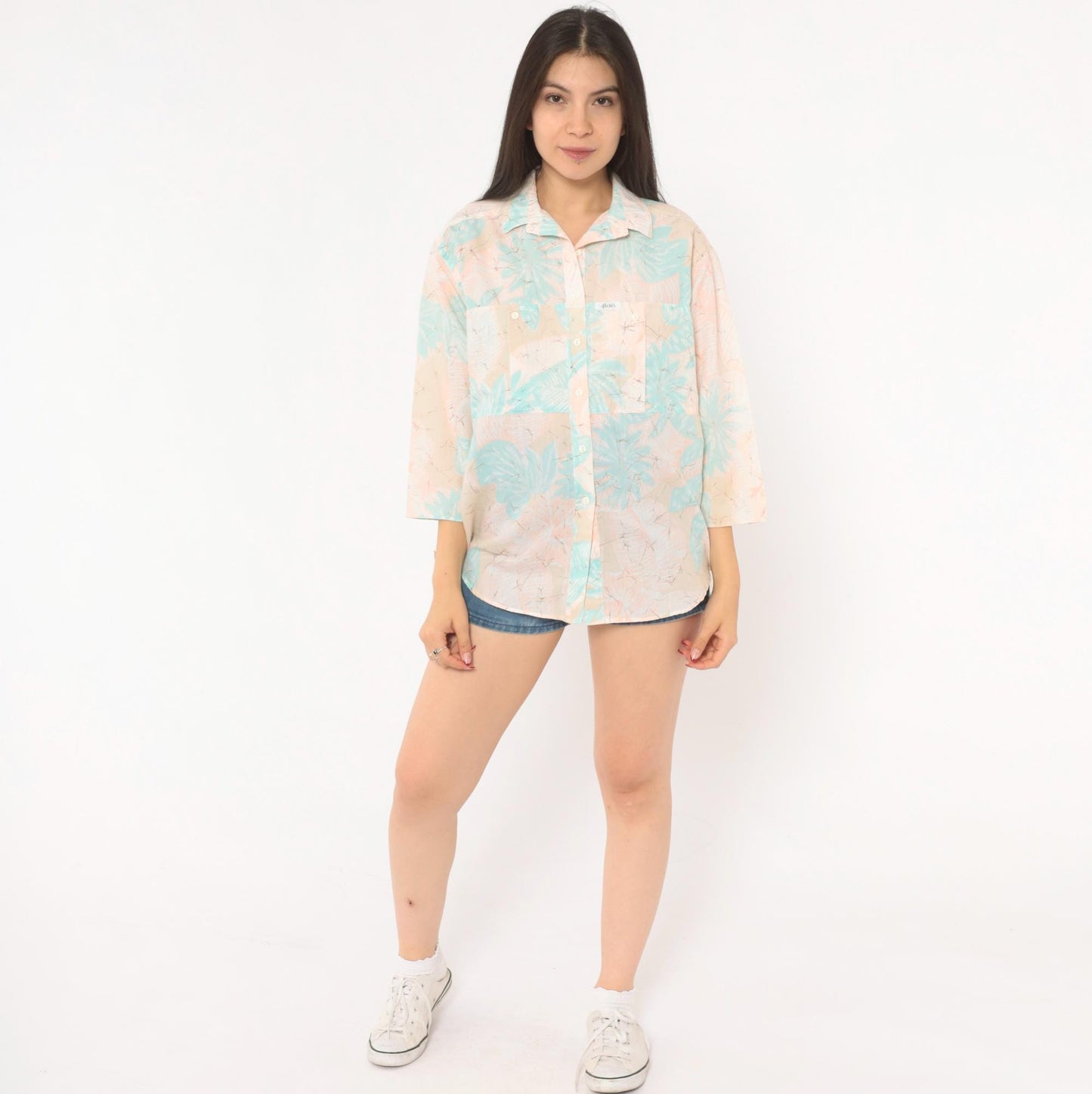 90s Alais Tropical Leaf Camp Collar Shirt Pastel Pink Mint Cotton Medium M