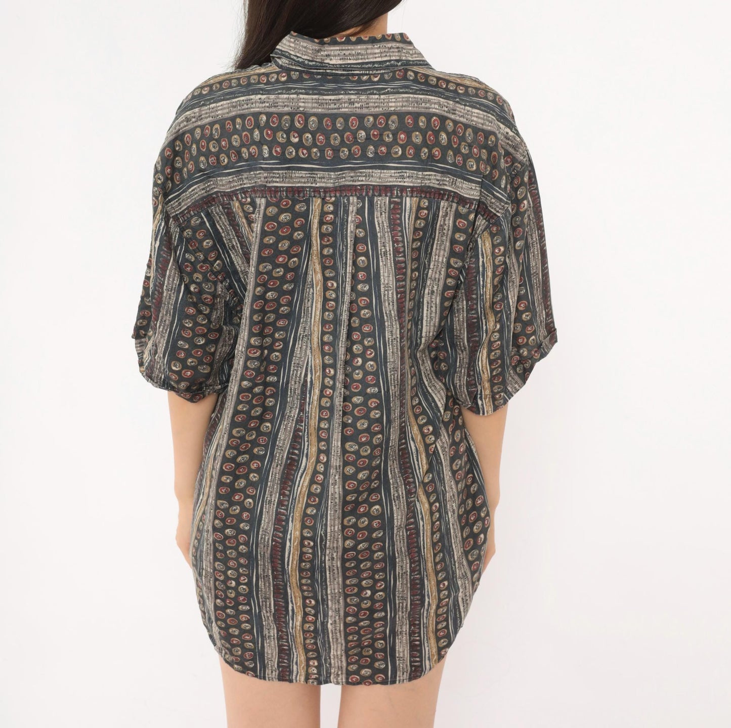 90s Summa Abstract Silk Shirt Grey Burgundy Stripe Camp Collar Small S