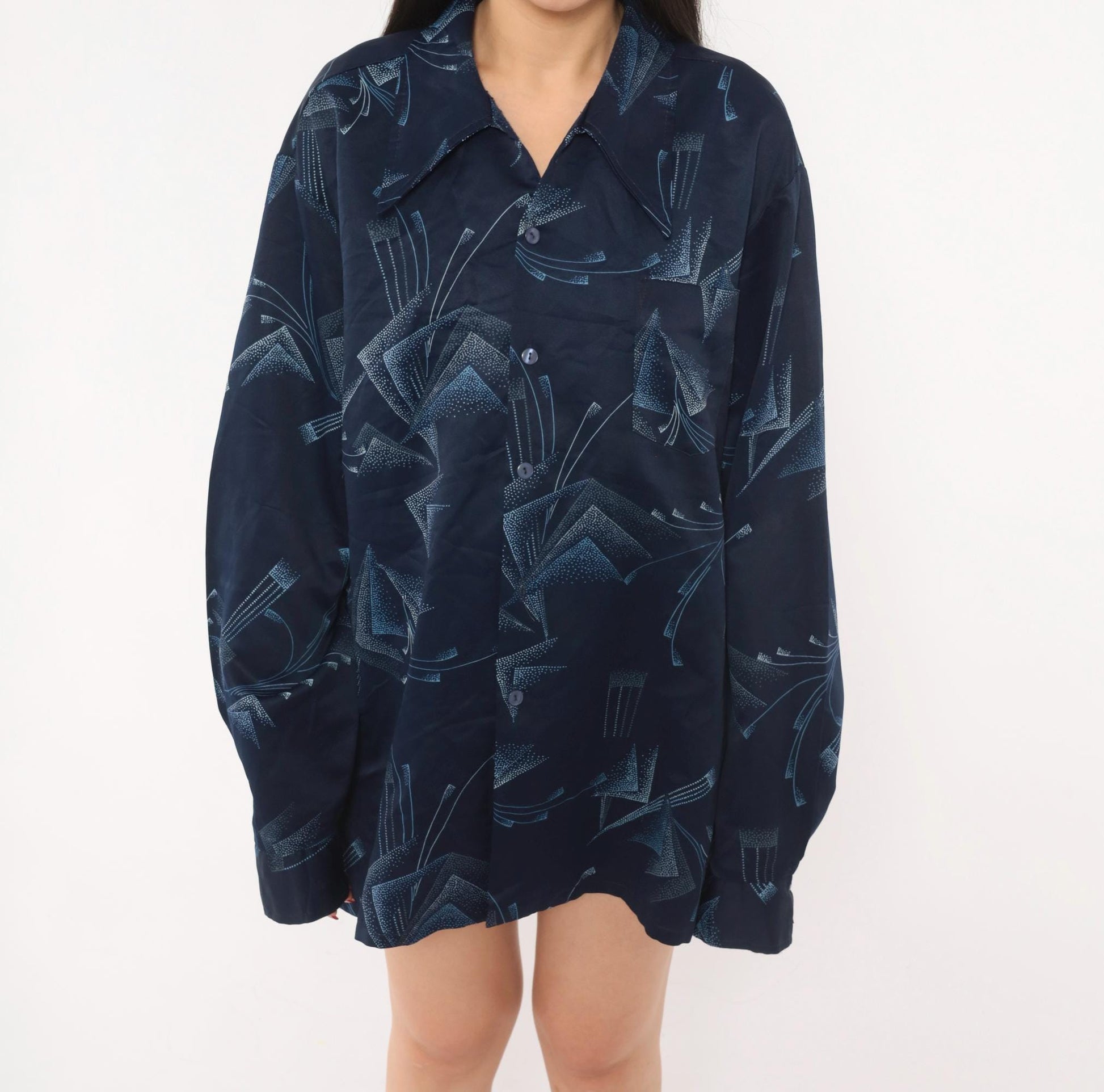 70s Paul Howard Navy Geometric Camp Collar Shirt Abstract Print Large L