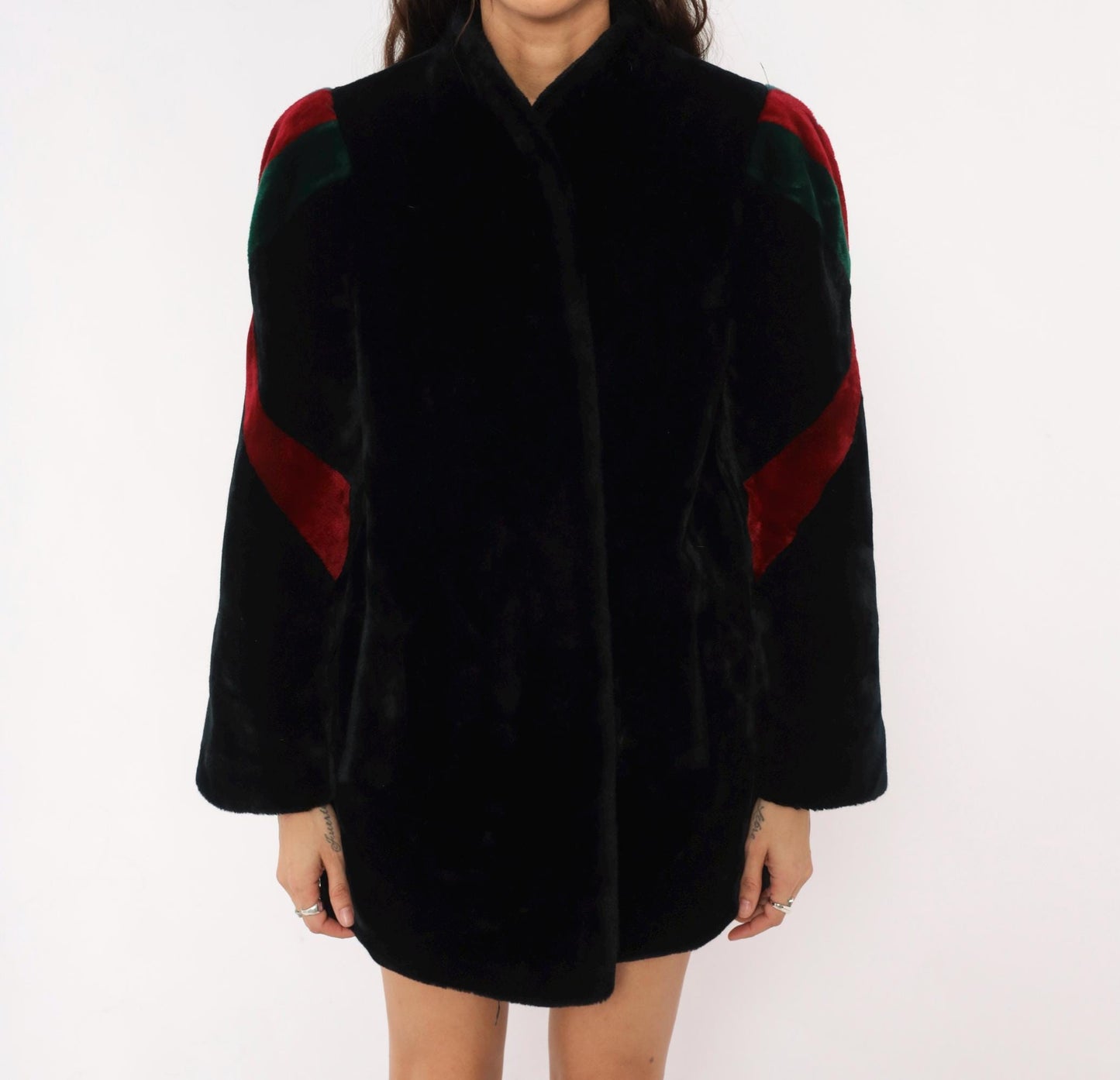 80s Sasson Faux Fur Coat Black Colorblock Stripe Stand Collar Medium M