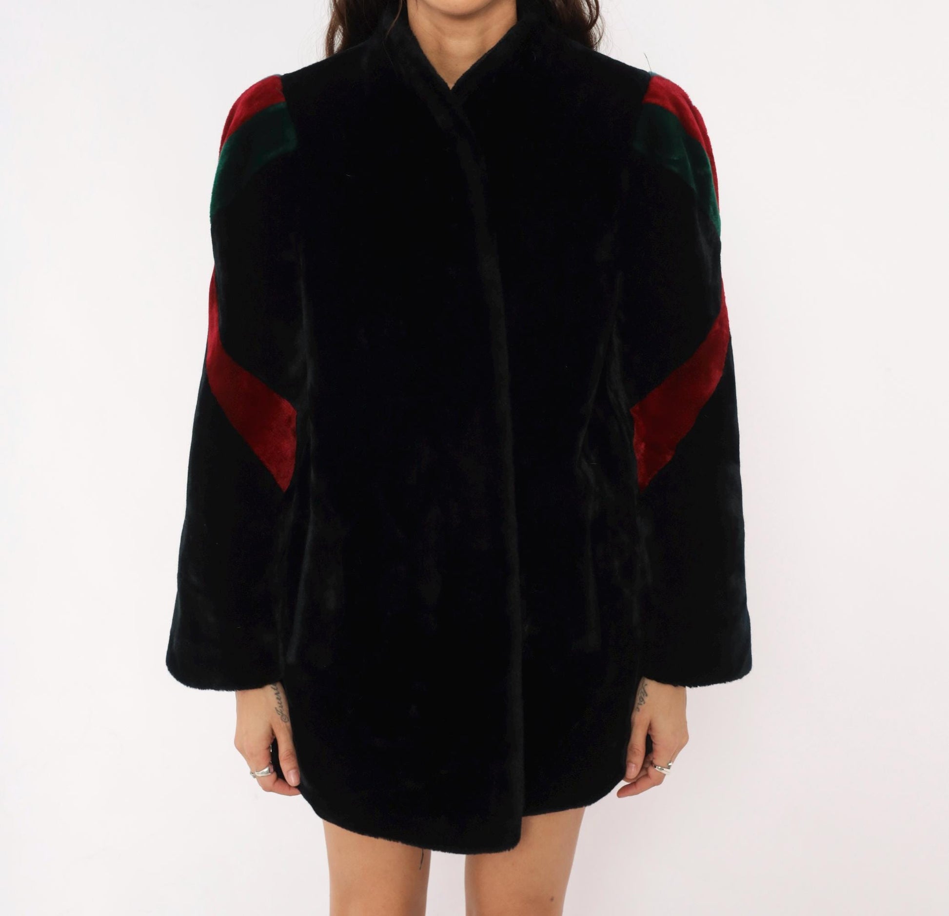 80s Sasson Faux Fur Coat Black Colorblock Stripe Stand Collar Medium M