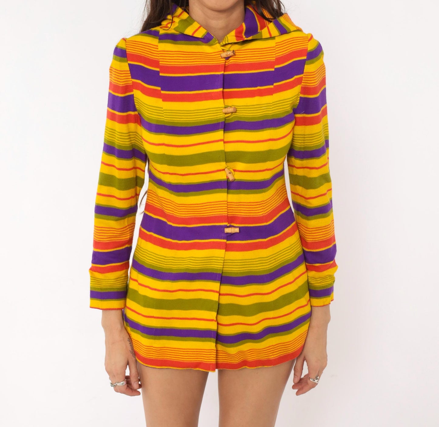 70s Striped Hooded Jacket Multicolor Rainbow Button Front Extra Small