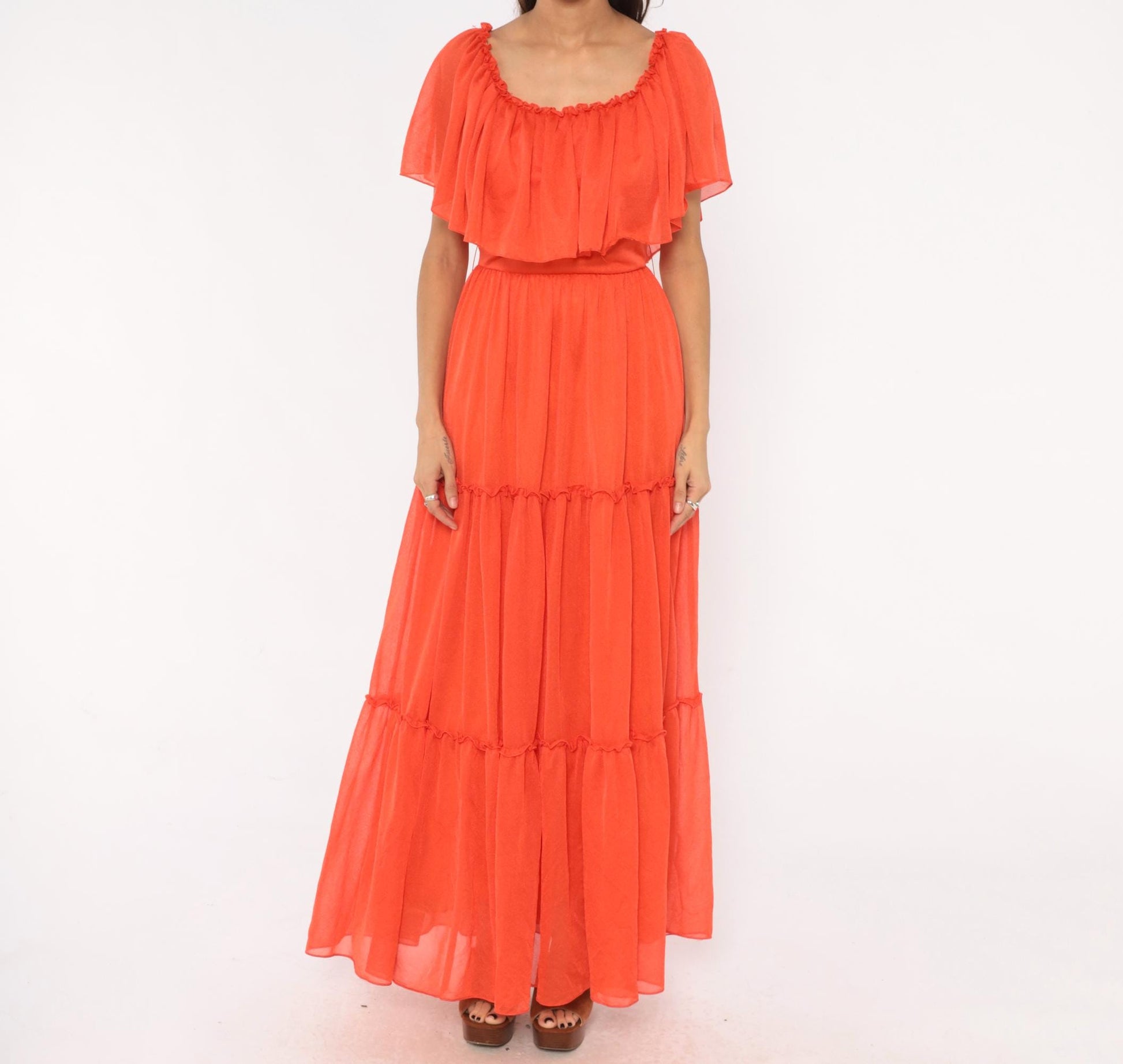 70s Coral Orange Maxi Dress Tiered Ruffle Cape Flutter Sleeve Small