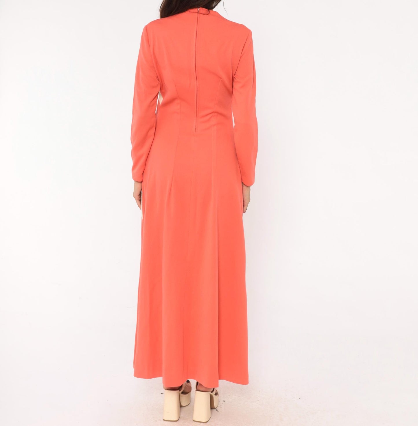 70s Puritan Forever Young Coral Stripe Maxi Dress Mock Neck Medium M