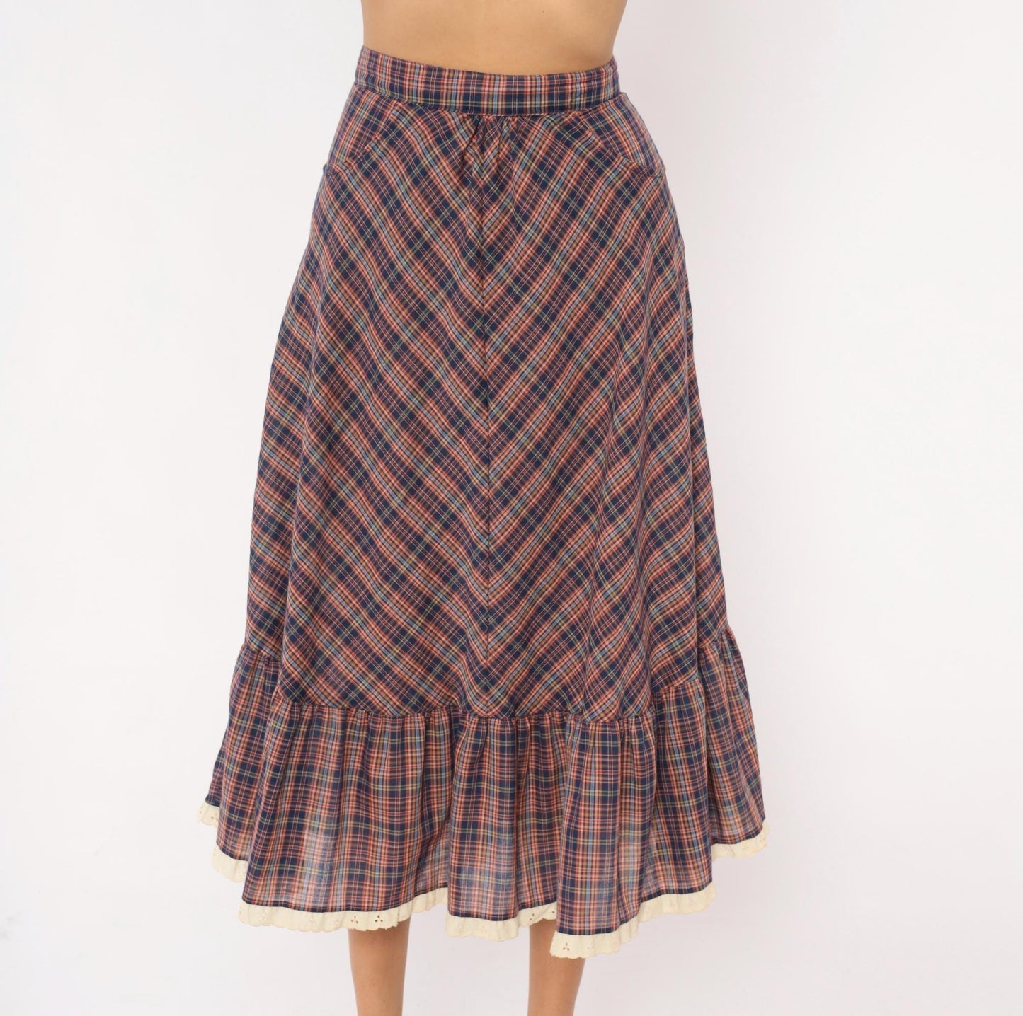 70s Judy Knapp Plaid A-Line Midi Skirt Red Navy Eyelet Lace Ruffle Small