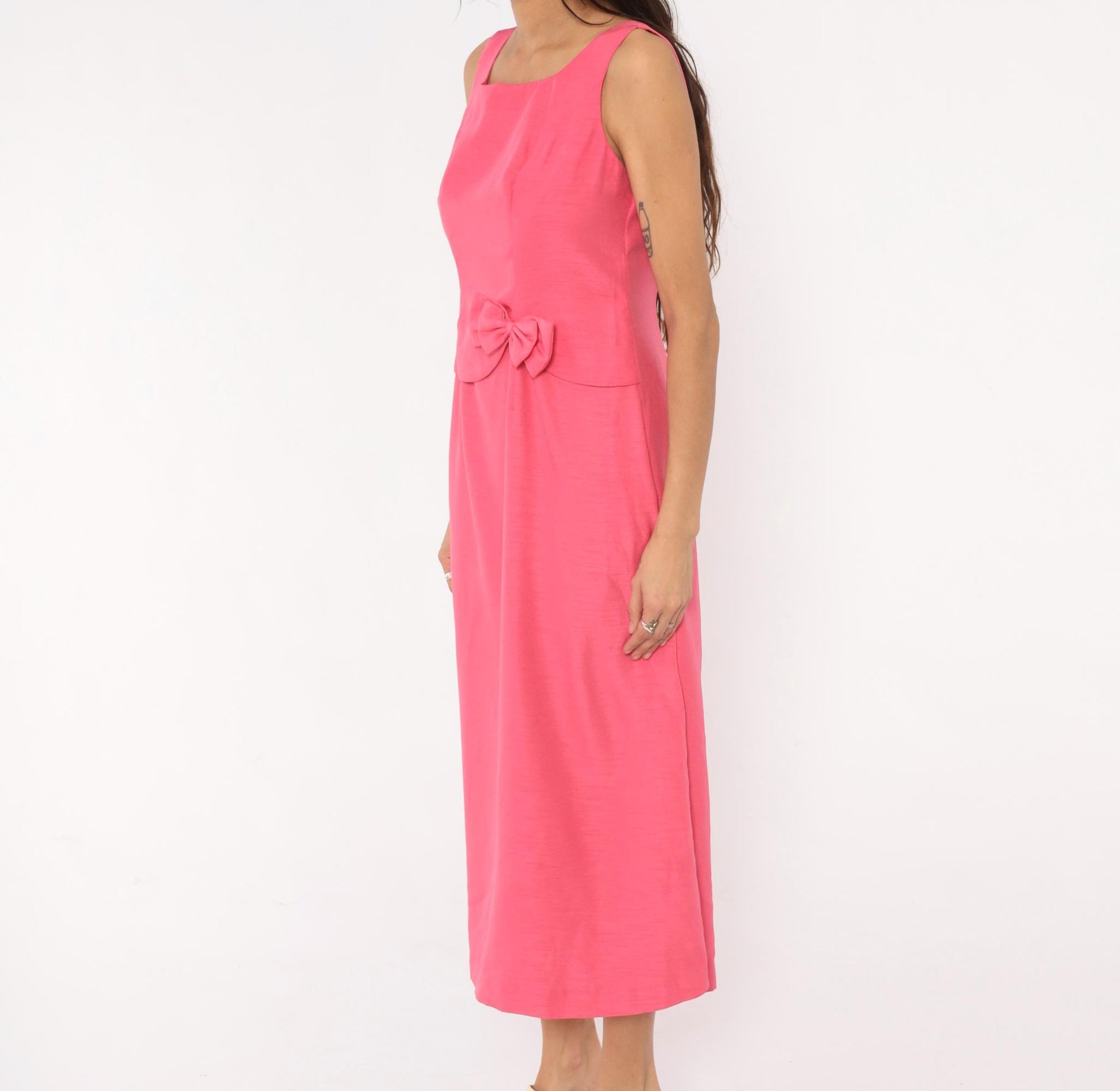 80s Hot Pink Sleeveless Maxi Dress Square Neck Peplum Bow Large L