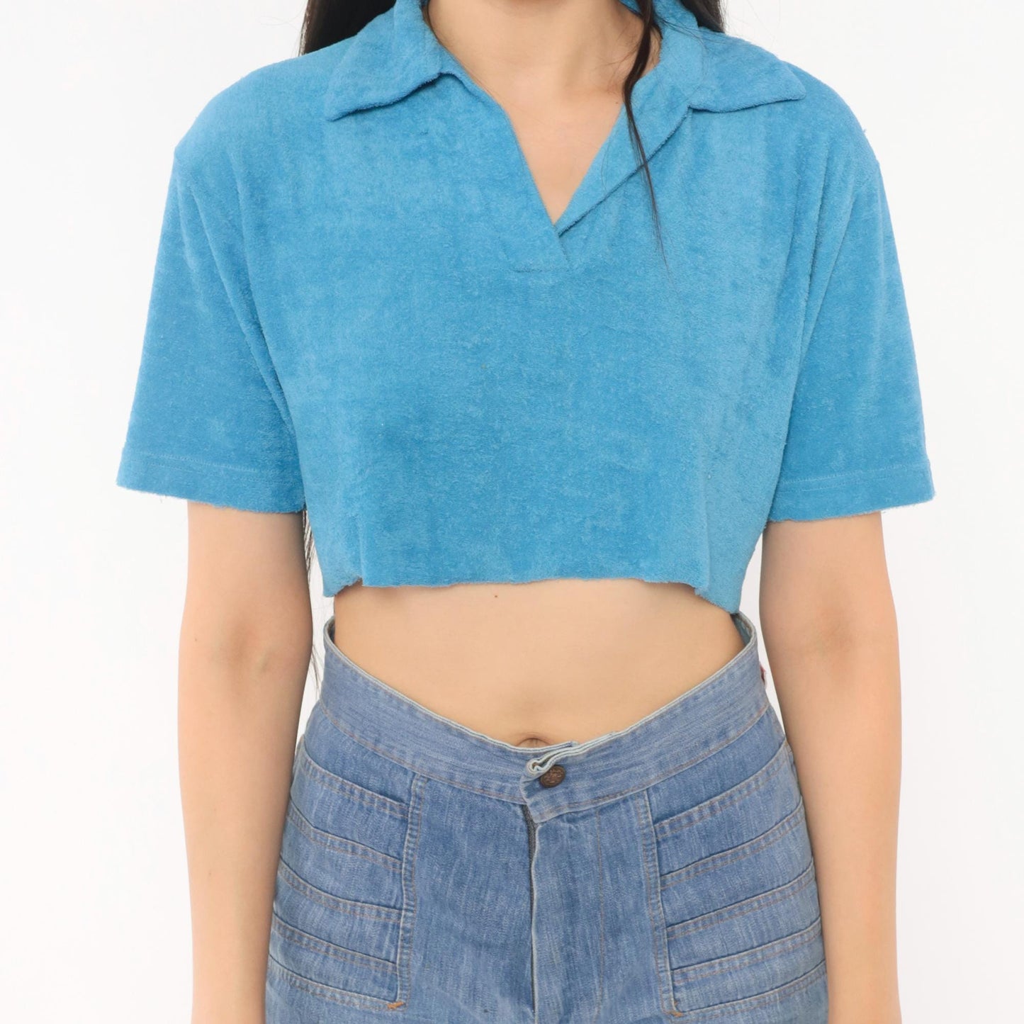 80s Jason Maxwell Terry Cloth Crop Top Blue Polo Collar Small Medium