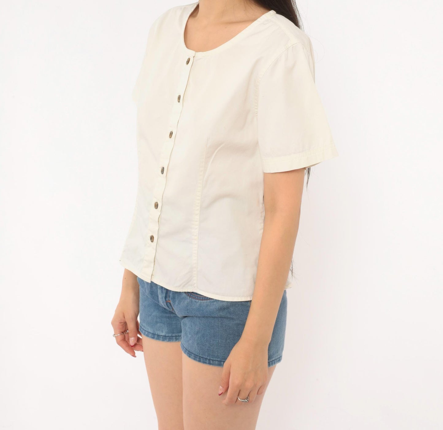 Y2K REI Cream Cotton Button-Front Blouse Short Sleeve Small
