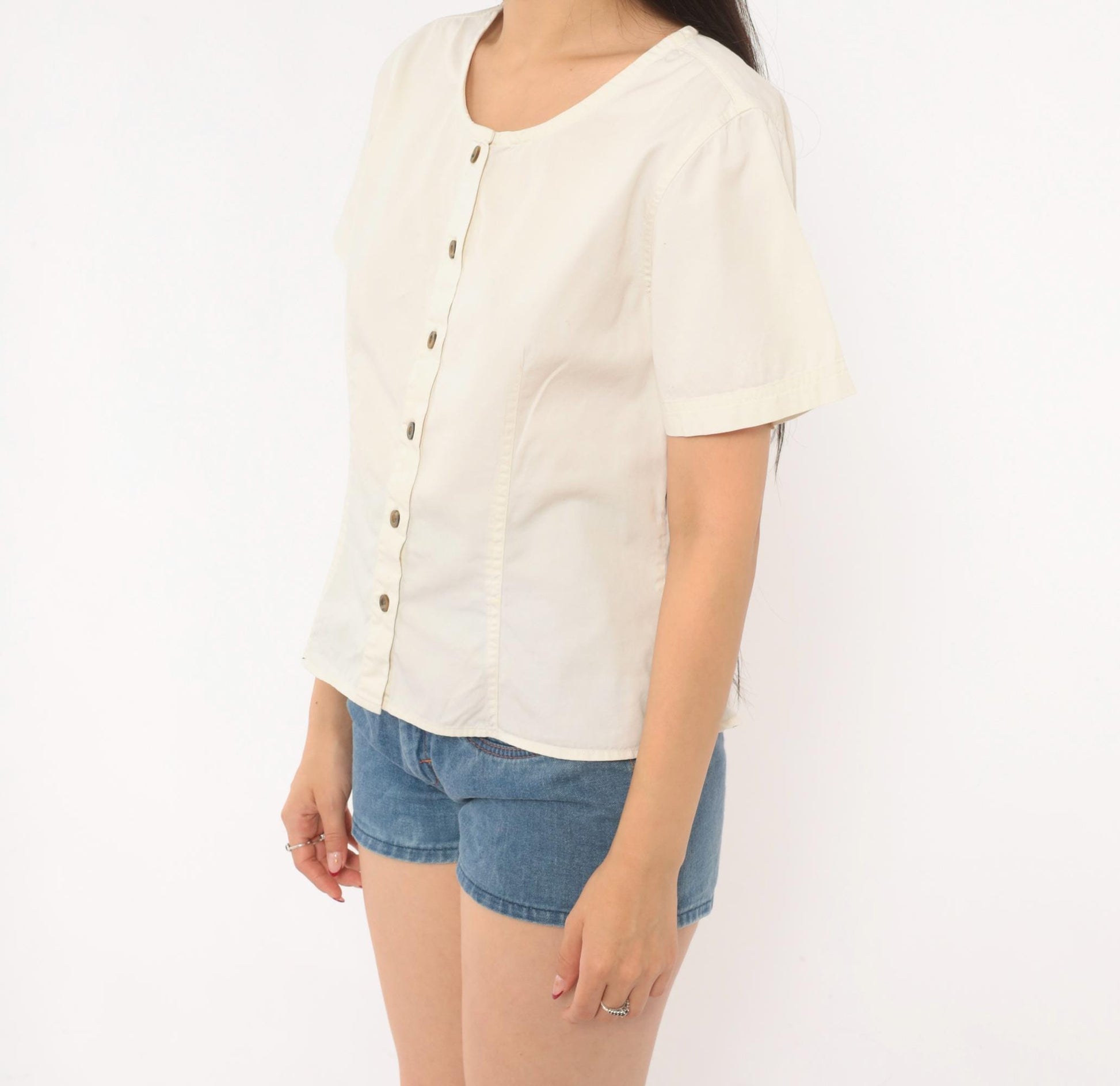 Y2K REI Cream Cotton Button-Front Blouse Short Sleeve Small