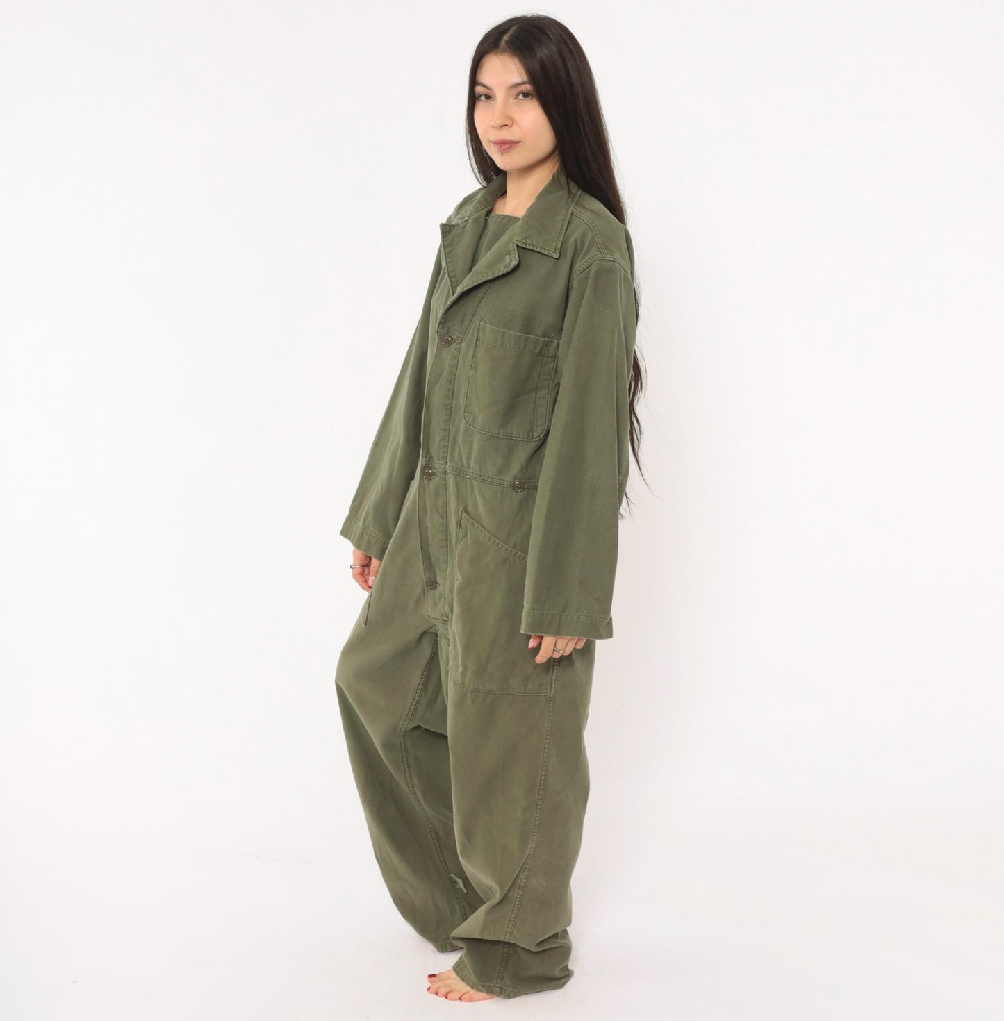 80s Army Olive Cotton Coveralls Button Front Jumpsuit Medium M