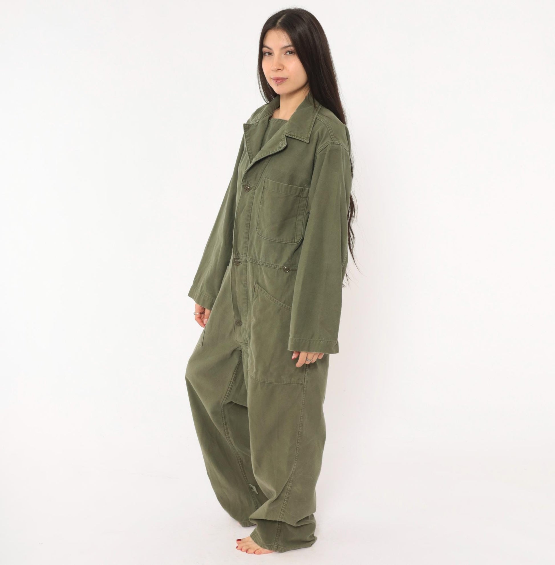 80s Army Olive Cotton Coveralls Button Front Jumpsuit Medium M