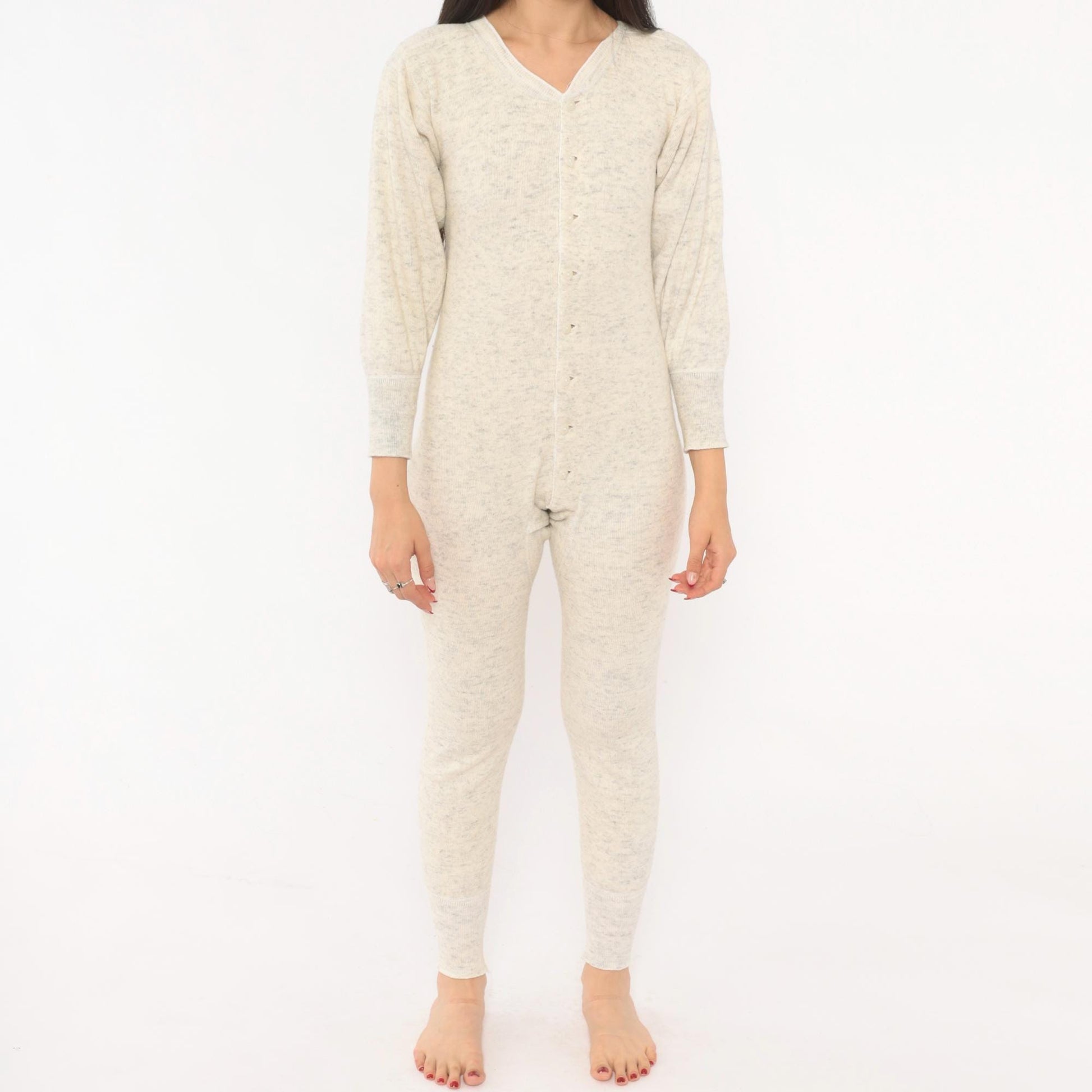 1950s JCPenney Union Suit Oatmeal Heathered Wool Cotton V-Neck Long Johns Extra Small XS