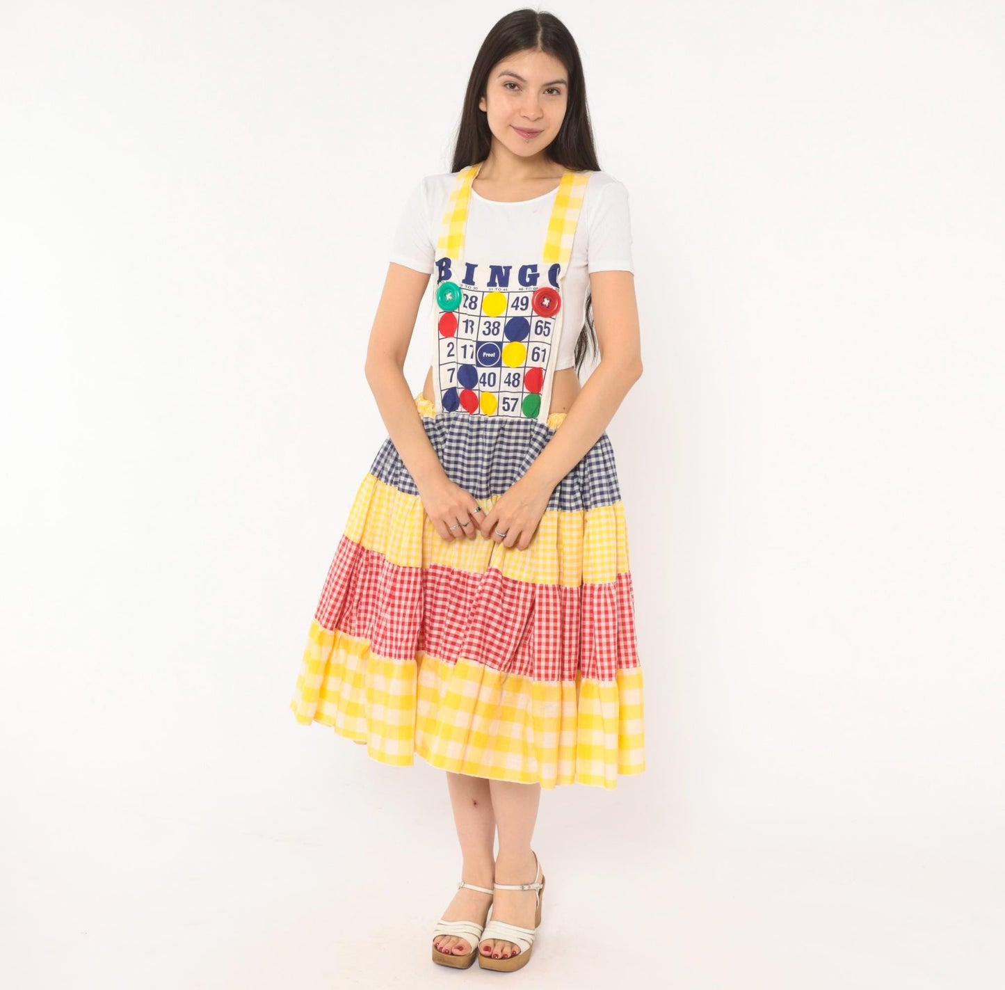 80s Bingo Card Cotton Pinafore Jumper Dress Tiered Gingham Navy Yellow Red Medium Large