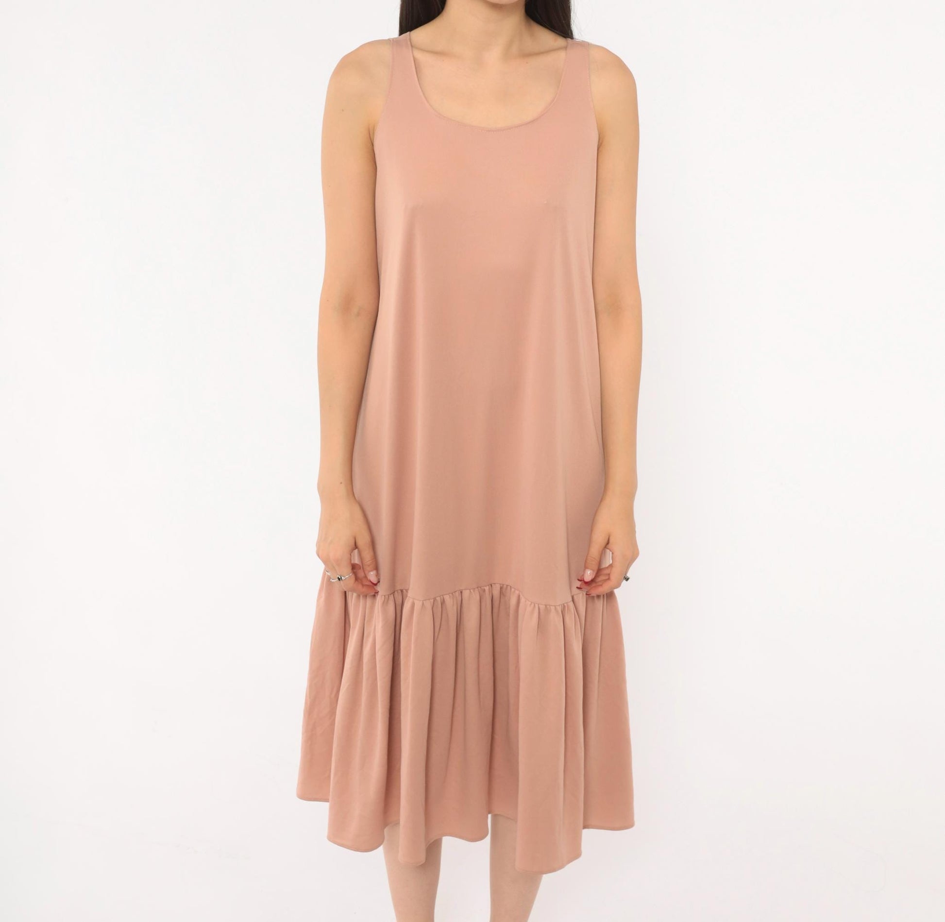 70s Dusty Rose Drop Waist Midi Dress Sleeveless Scoop Neck Tank Medium