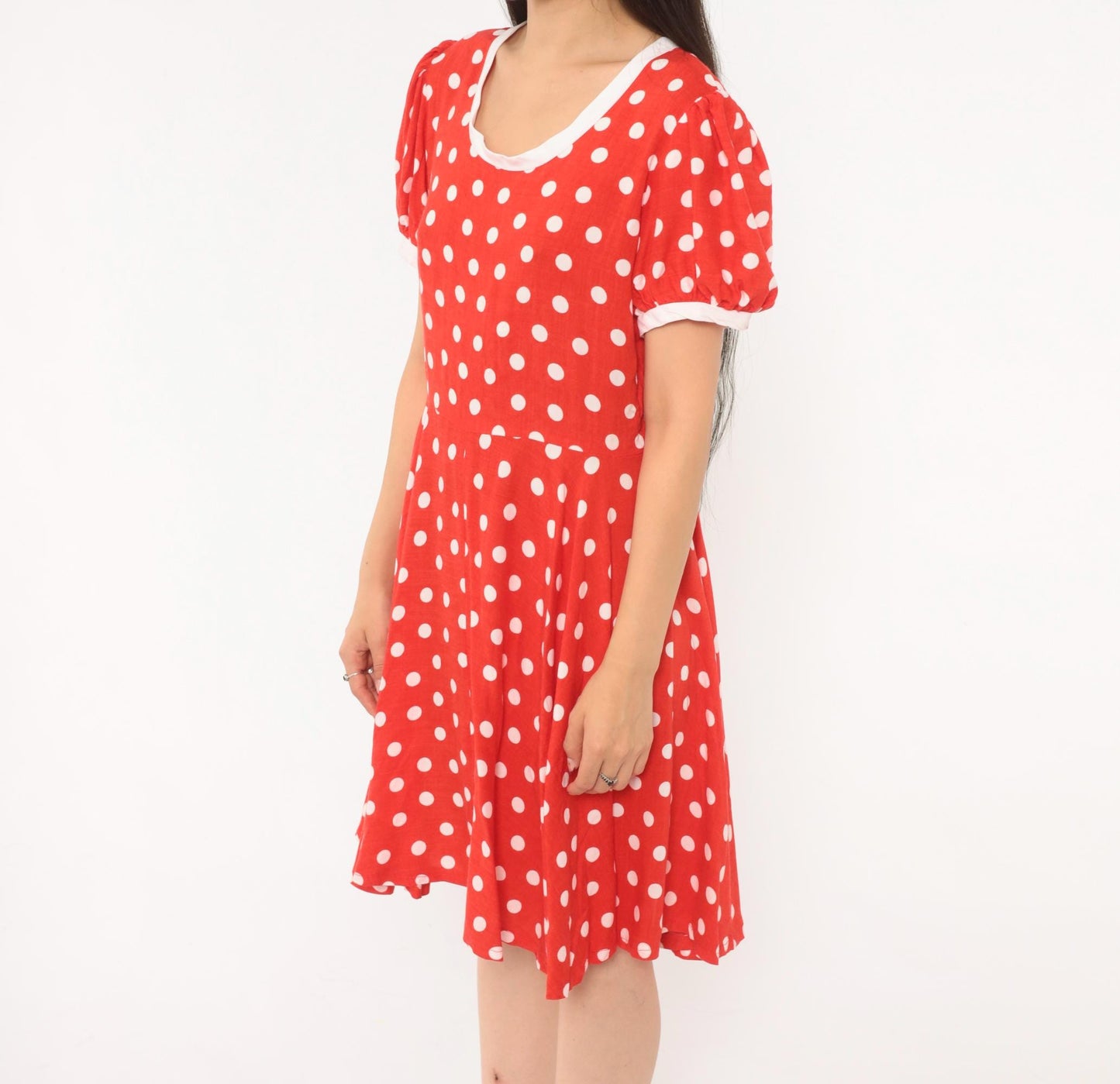 80s Red White Polka Dot Babydoll Dress Puff Sleeve Cotton Swing Mini Small