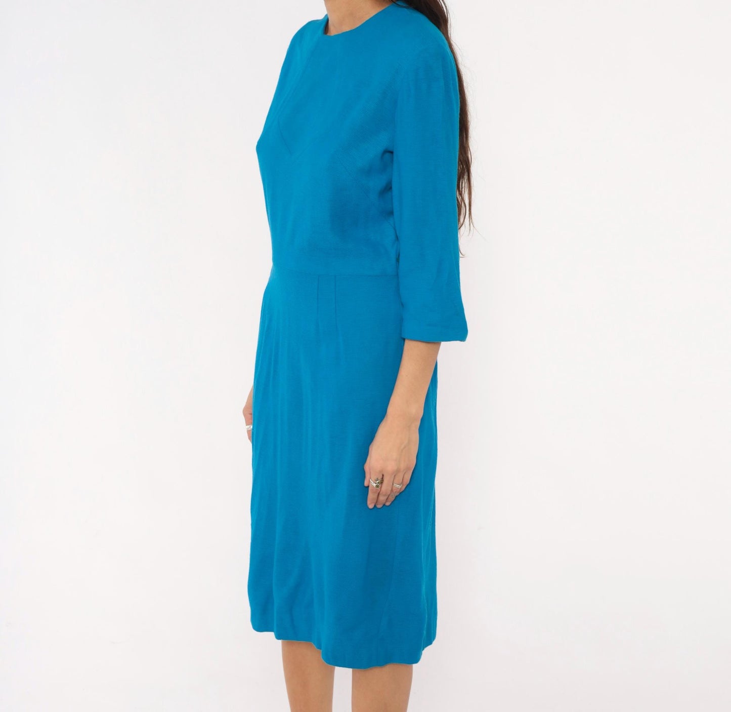 60s Cerulean Blue Sheath Dress Three Quarter Sleeve Chevron Mod Medium M
