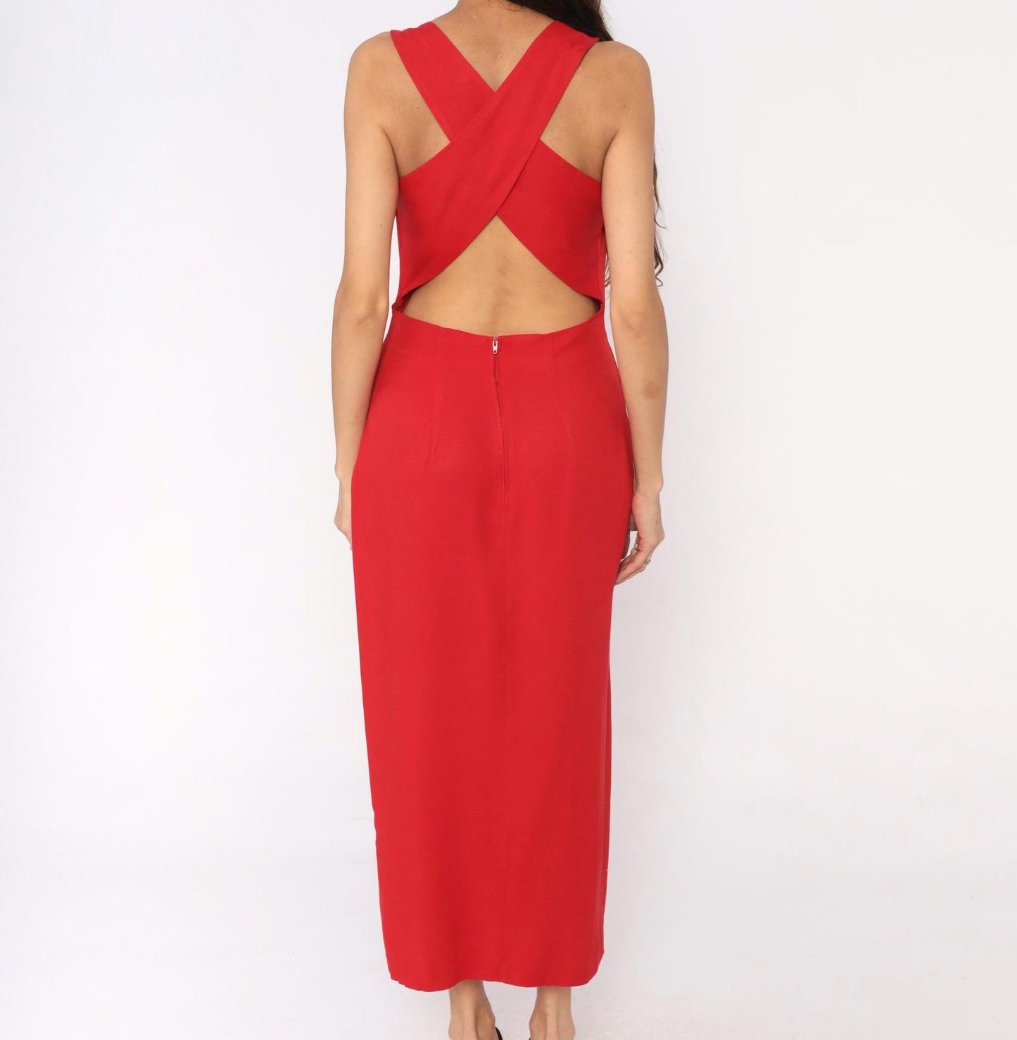90s Red Midi Dress Sweetheart Neckline Crossback Open Back Medium Large