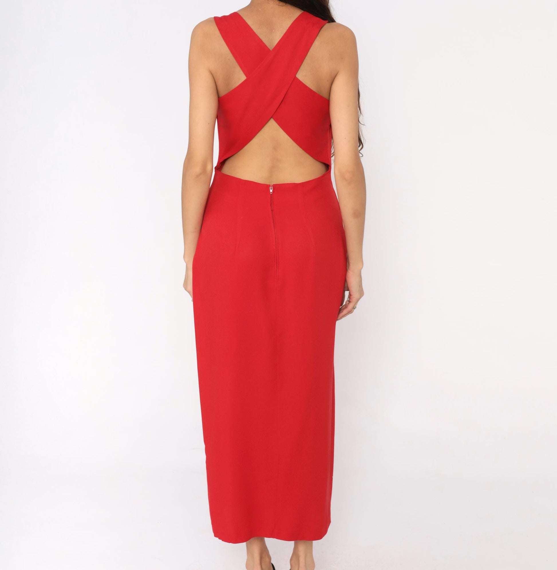 90s Red Midi Dress Sweetheart Neckline Crossback Open Back Medium Large