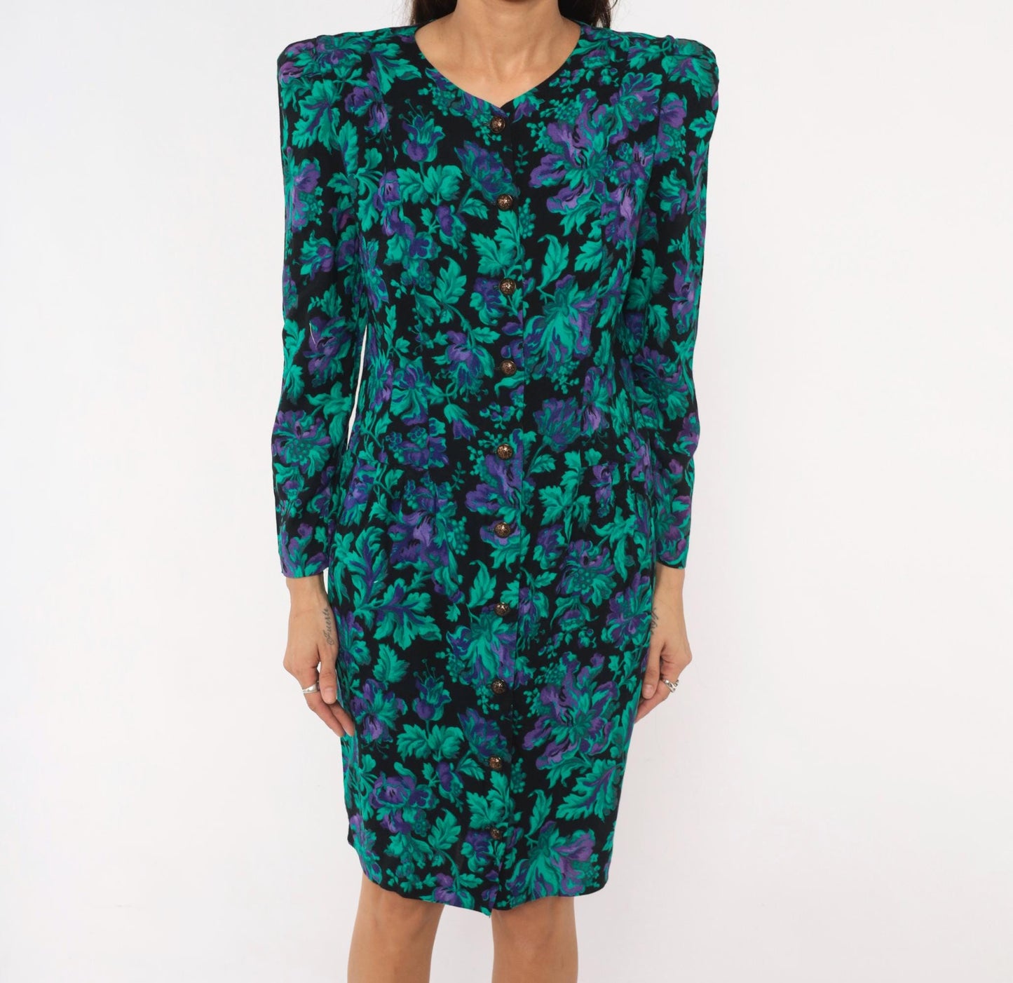 90s Petite Jazz Floral Button-Front Dress Teal Black Botanical Shoulder Pad Large