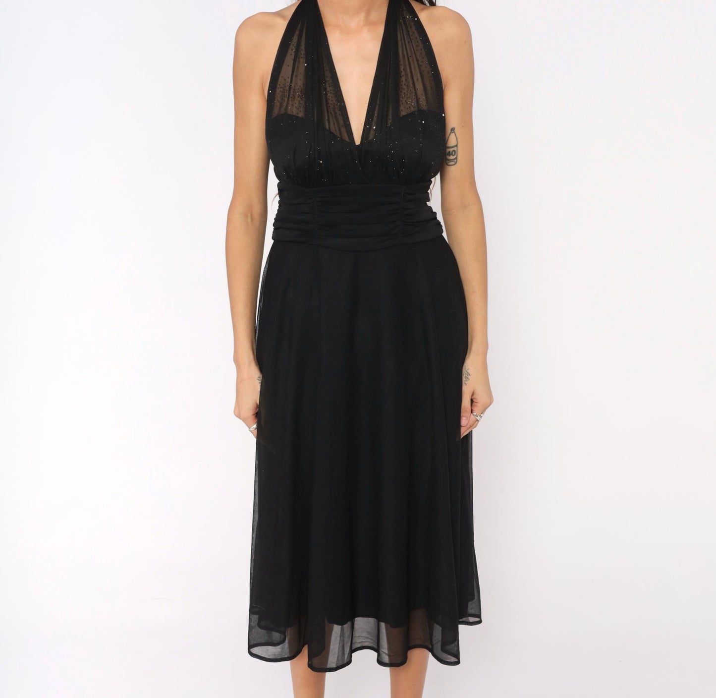 90s Black Halter Midi Dress Deep V Glitter Mesh Open Back Medium