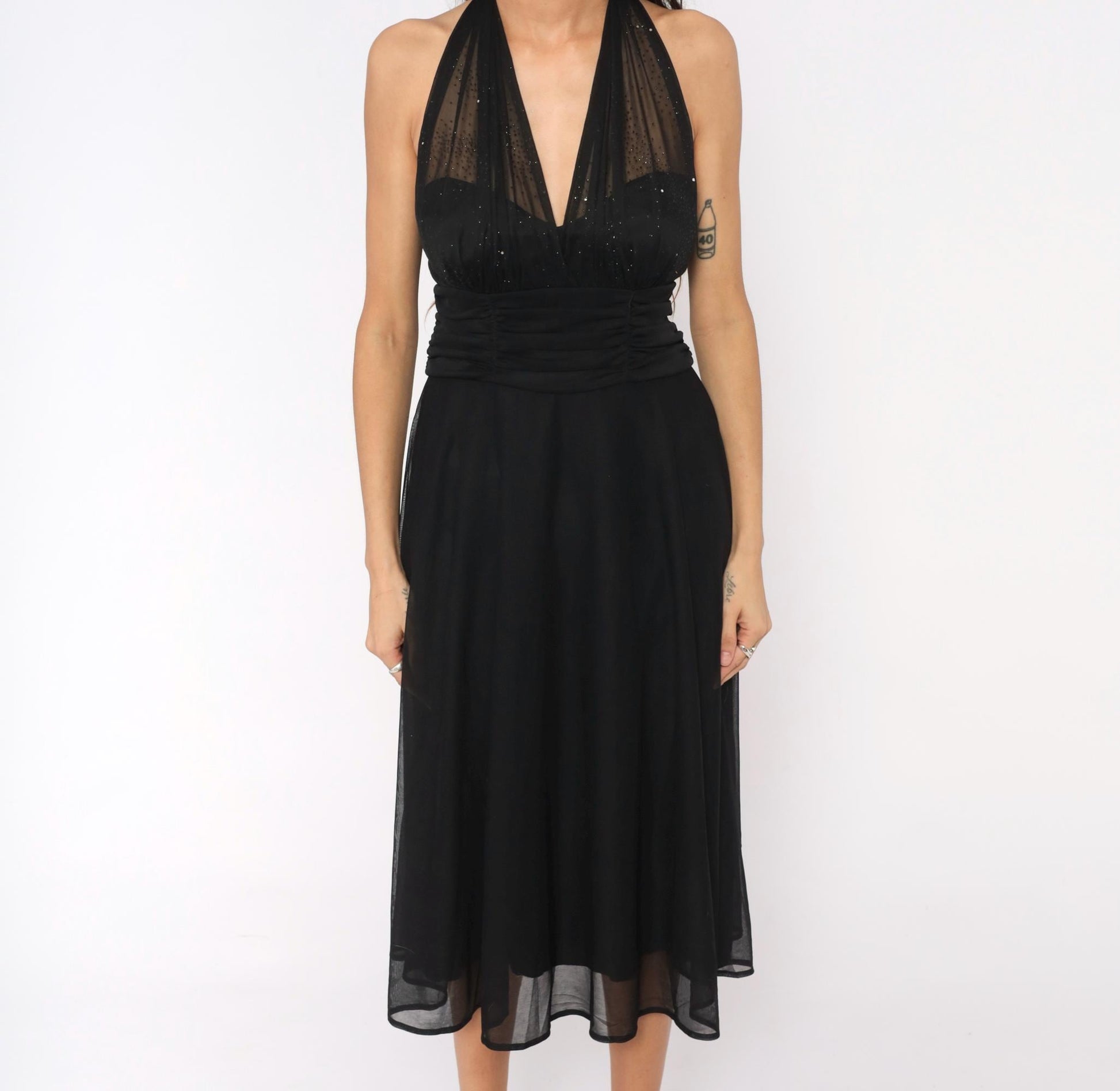 90s Black Halter Midi Dress Deep V Glitter Mesh Open Back Medium