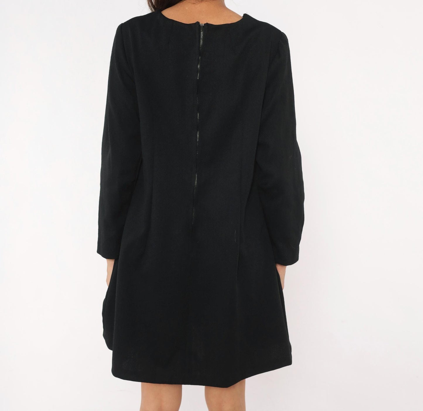 70s Black A-Line Dress Empire Waist Long Sleeve Round Neck Zip Back Large L