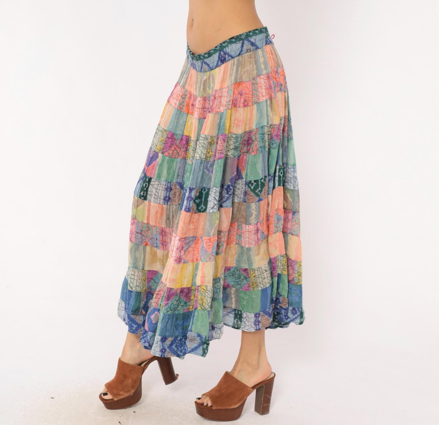 90s Bila California Patchwork Batik Maxi Skirt Tiered Gauze Large