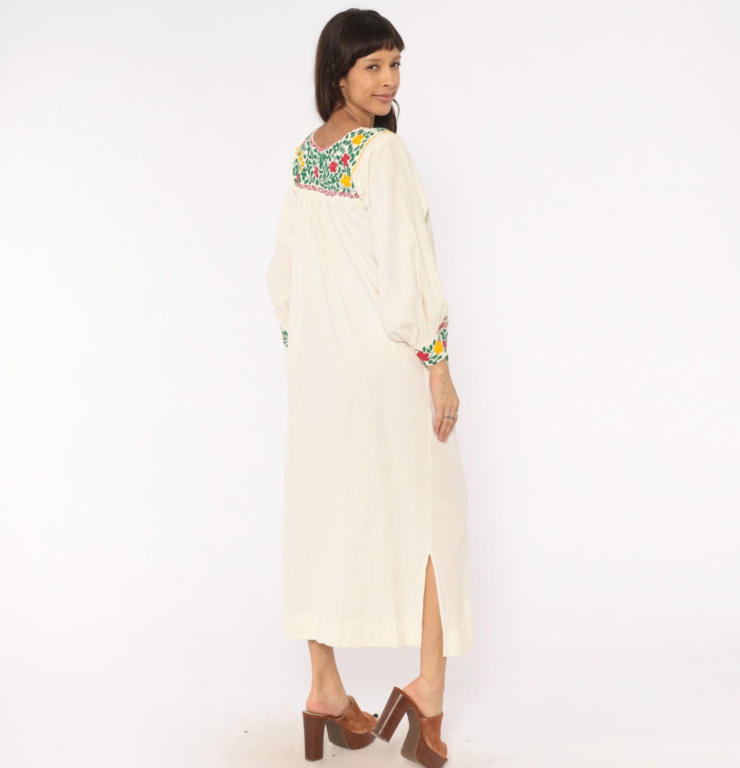 70s Embroidered Mexican Cotton Maxi Dress Floral Cream Long Sleeve Small