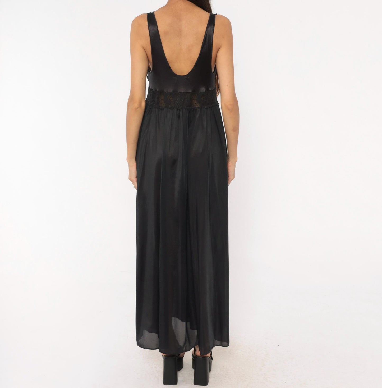 80s Shadowline Black Lace Maxi Nightgown Deep V Sheer Bodice Large L